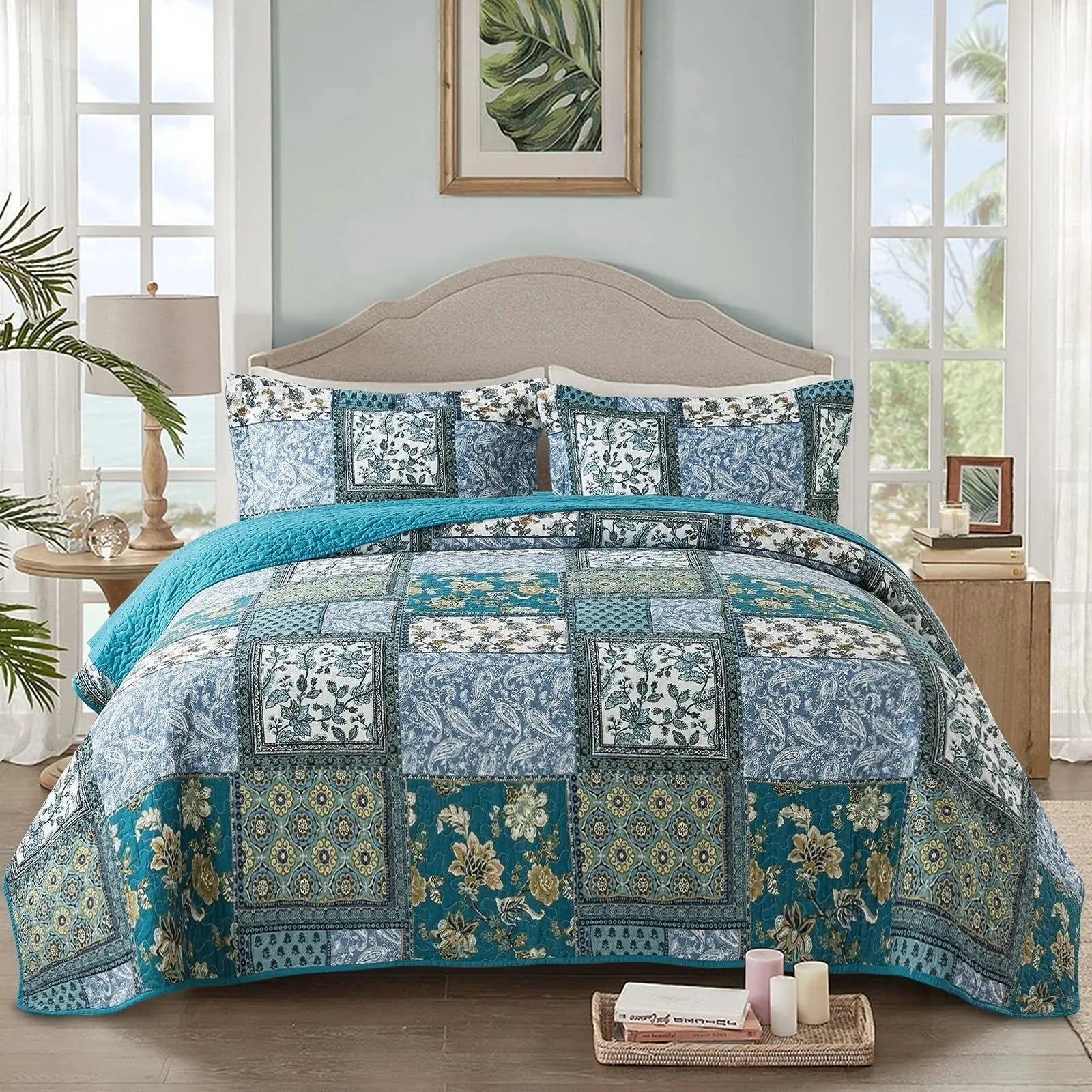 Reversible Floral Patchwork Quilt Set with Shams – Blue & White Quilted Bedspread – Queen & King – Lightweight All-Season Coverlet | Thomler