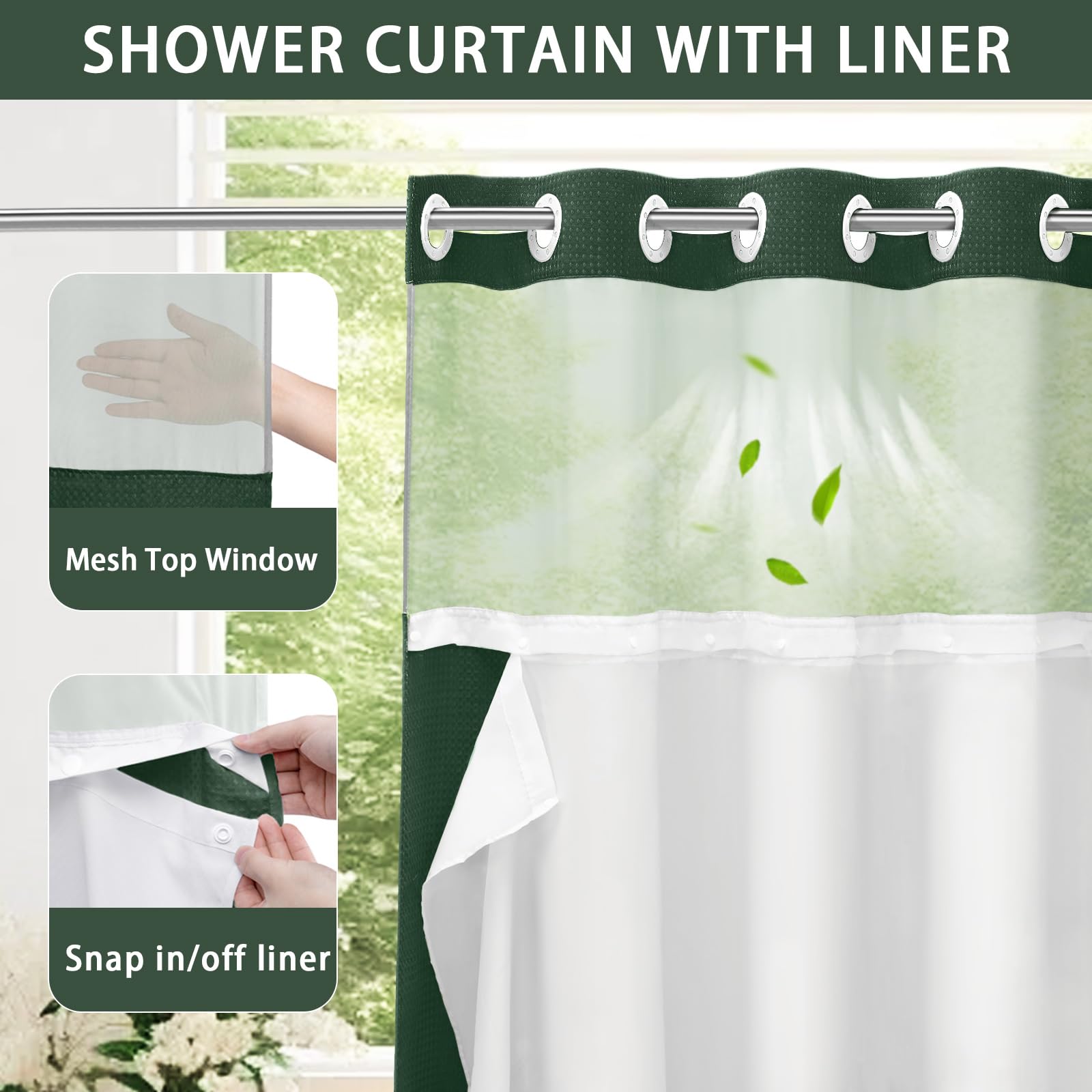 Hookless Shower Curtain with Built-In Snap Liner Waffle Weave Polyester Bathroom Curtain Easy Install No Rings Needed Quick Change Design | Thomler
