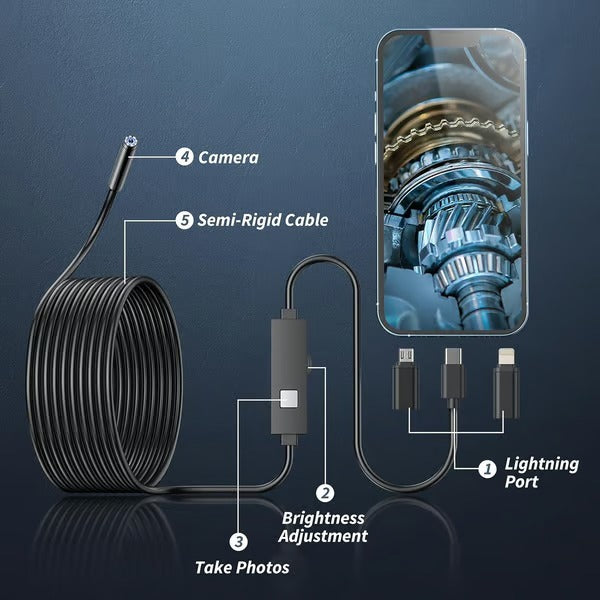 Inspection Camera 5.0 m 1080P HD Flexible Cable Drain Pipe Car Engine Endoscope With LED Light Smartphone Viewer | Thomler