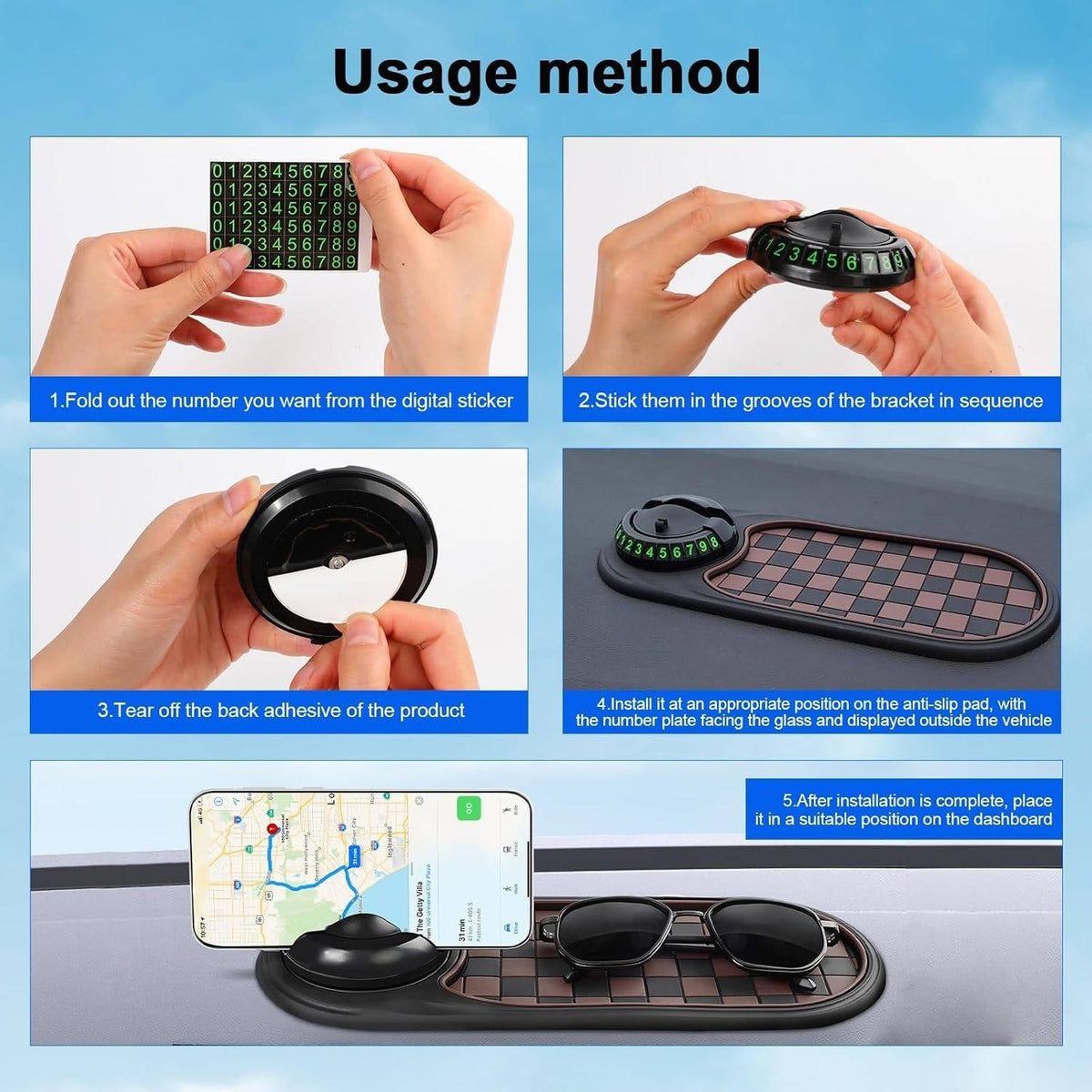 Dashboard Phone Mount with Storage Organizer & Parking Display for All Smartphones | Hands-Free Navigation Holder | 360° Rotating Cradle | Thomler
