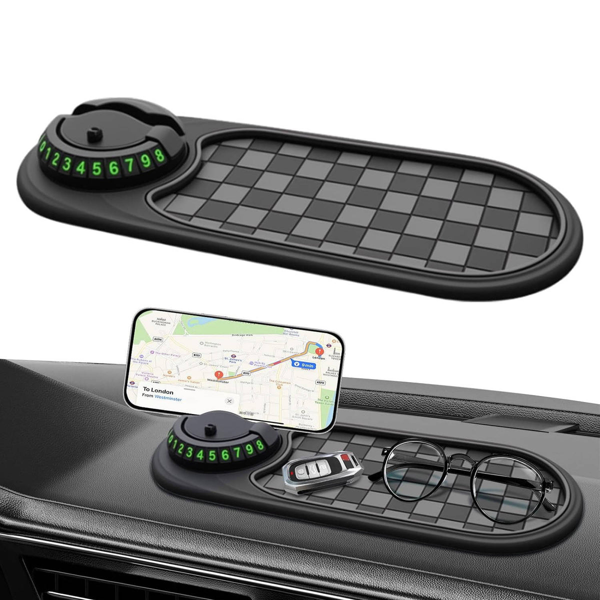 Dashboard Phone Mount with Storage Organizer & Parking Display for All Smartphones | Hands-Free Navigation Holder | 360° Rotating Cradle | Thomler