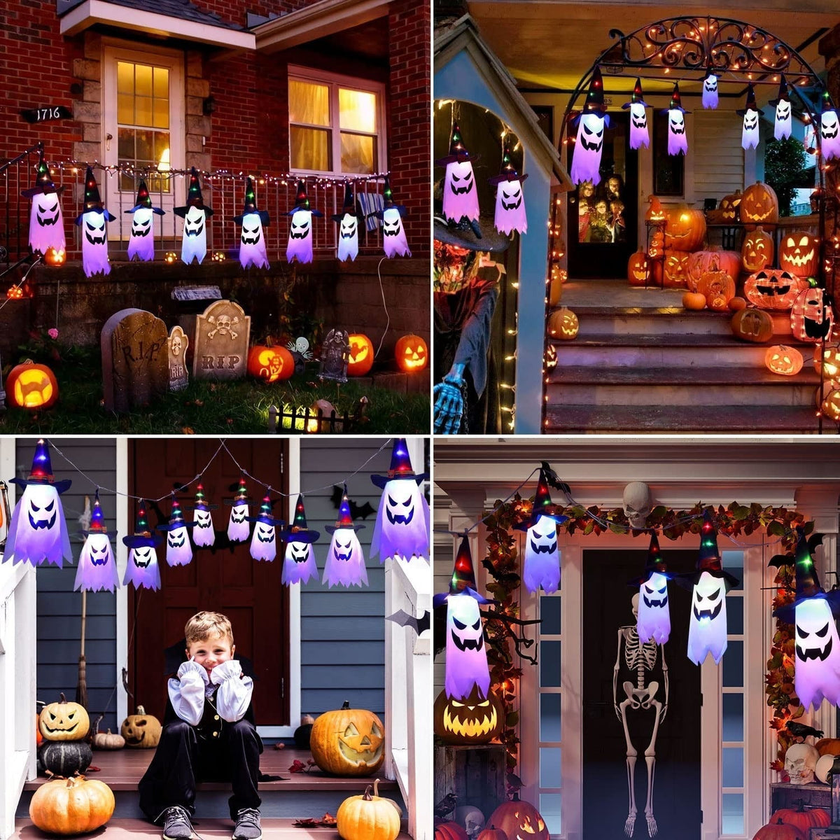 Battery-Powered Ghost String Lights with Witch Hats – 9.8 ft Multicolor LED Outdoor Halloween Decoration for Porch, Fence & Windows | Thomler
