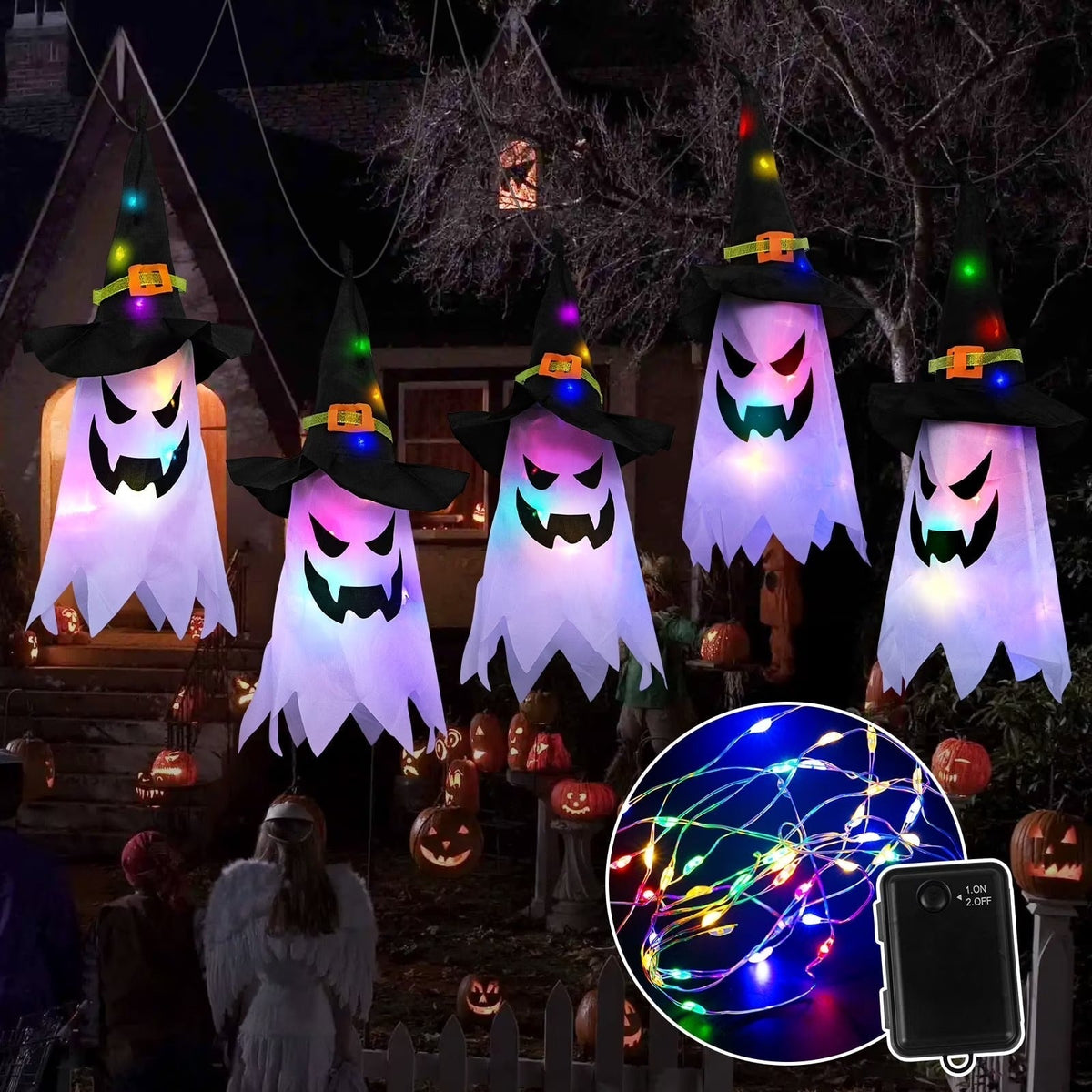 Battery-Powered Ghost String Lights with Witch Hats – 9.8 ft Multicolor LED Outdoor Halloween Decoration for Porch, Fence & Windows | Thomler