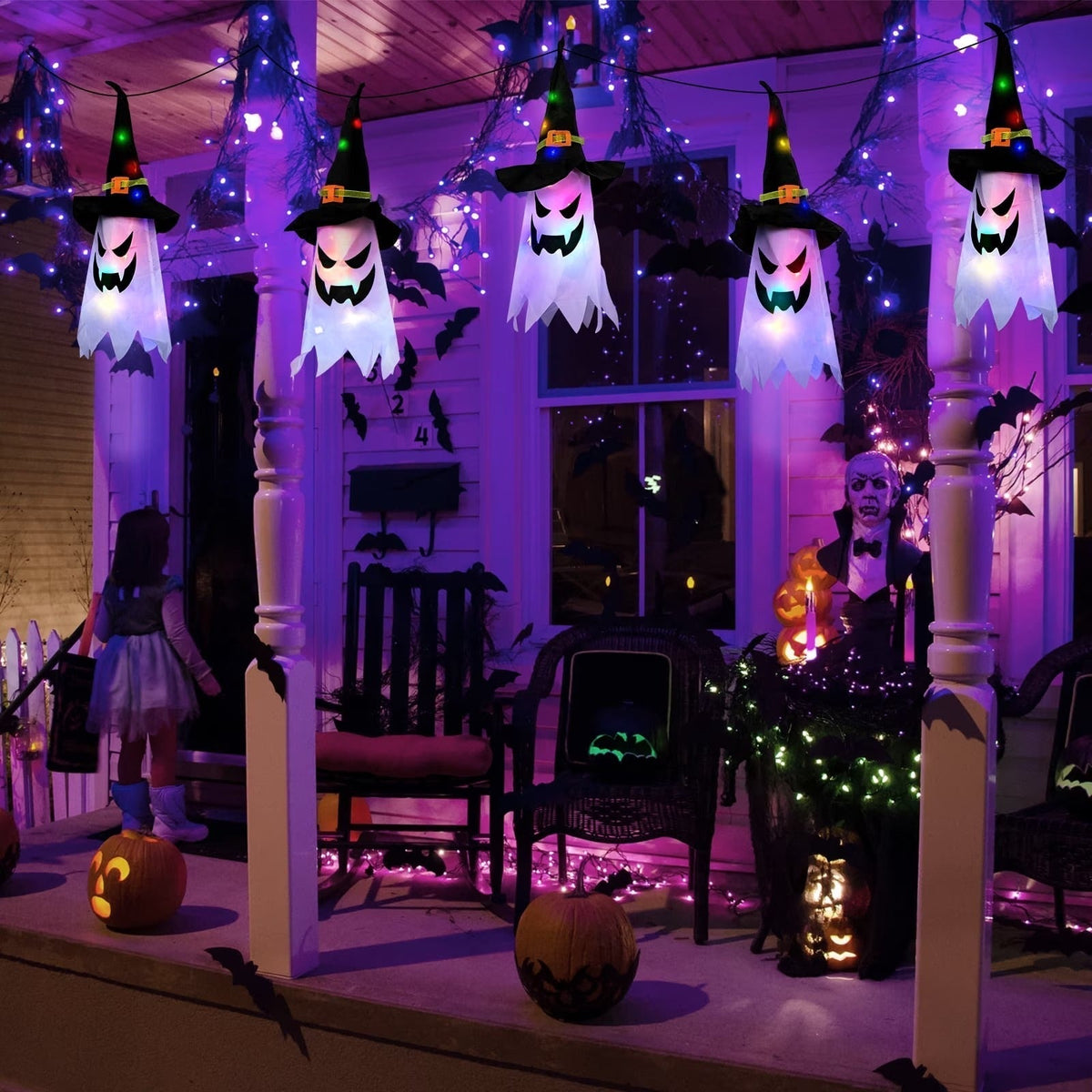 Battery-Powered Ghost String Lights with Witch Hats – 9.8 ft Multicolor LED Outdoor Halloween Decoration for Porch, Fence & Windows | Thomler