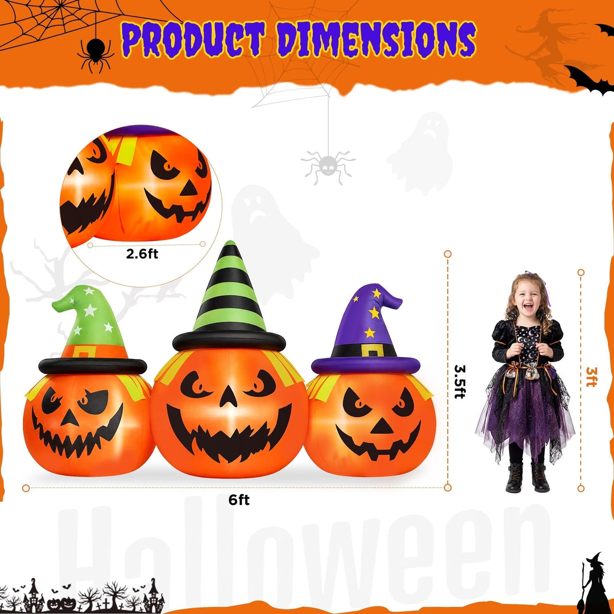 6 ft LED Triple Jack-o'-Lantern Inflatable Lawn Decoration for Halloween & Trick-or-Treat Night | Thomler