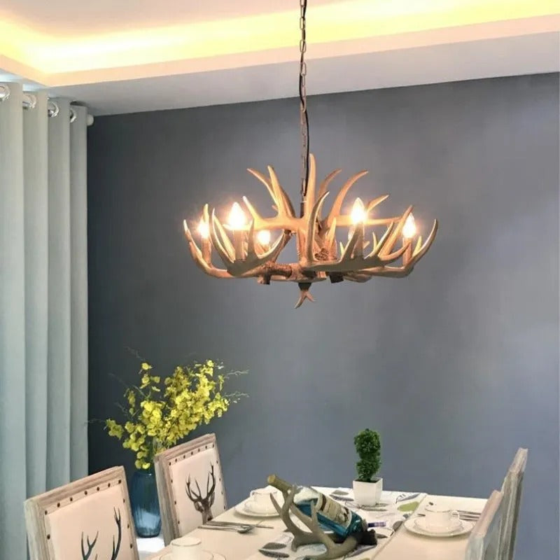 Antler-Inspired Rustic Hanging Light Fixture for Dining Room & Bedroom | Resin & Metal Design | E12 Candelabra Base | Thomler