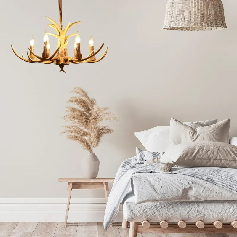 Antler-Inspired Rustic Hanging Light Fixture for Dining Room & Bedroom | Resin & Metal Design | E12 Candelabra Base | Thomler
