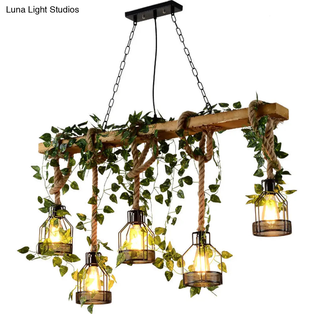 Five-Light Suspended Wood Fixture with Metal Guard for Dining Rooms, Kitchens & Living Spaces – Farmhouse Workshop Look | Thomler