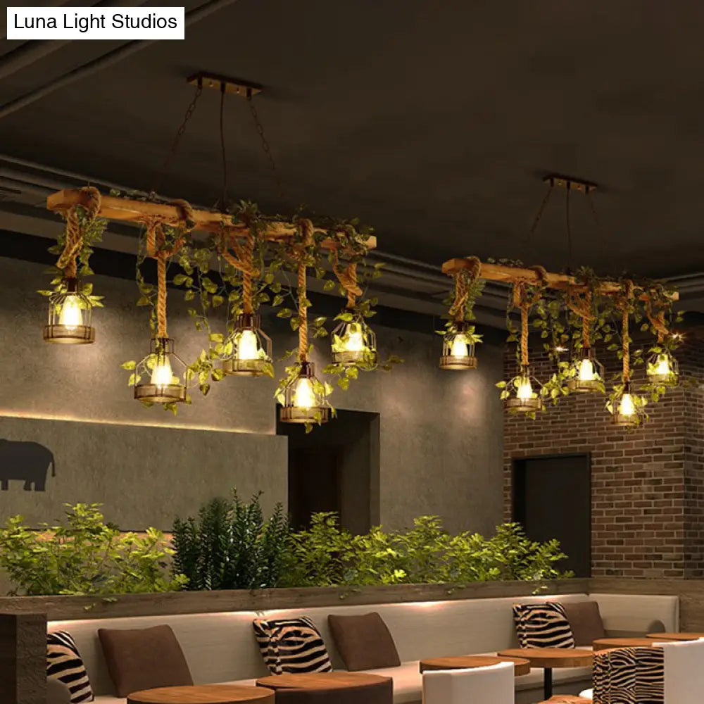 Five-Light Suspended Wood Fixture with Metal Guard for Dining Rooms, Kitchens & Living Spaces – Farmhouse Workshop Look | Thomler