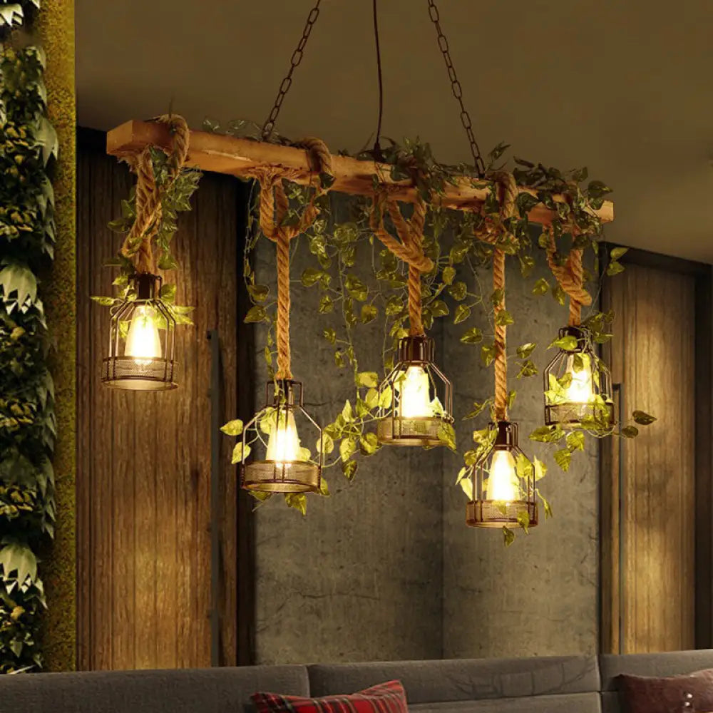 Five-Light Suspended Wood Fixture with Metal Guard for Dining Rooms, Kitchens & Living Spaces – Farmhouse Workshop Look | Thomler