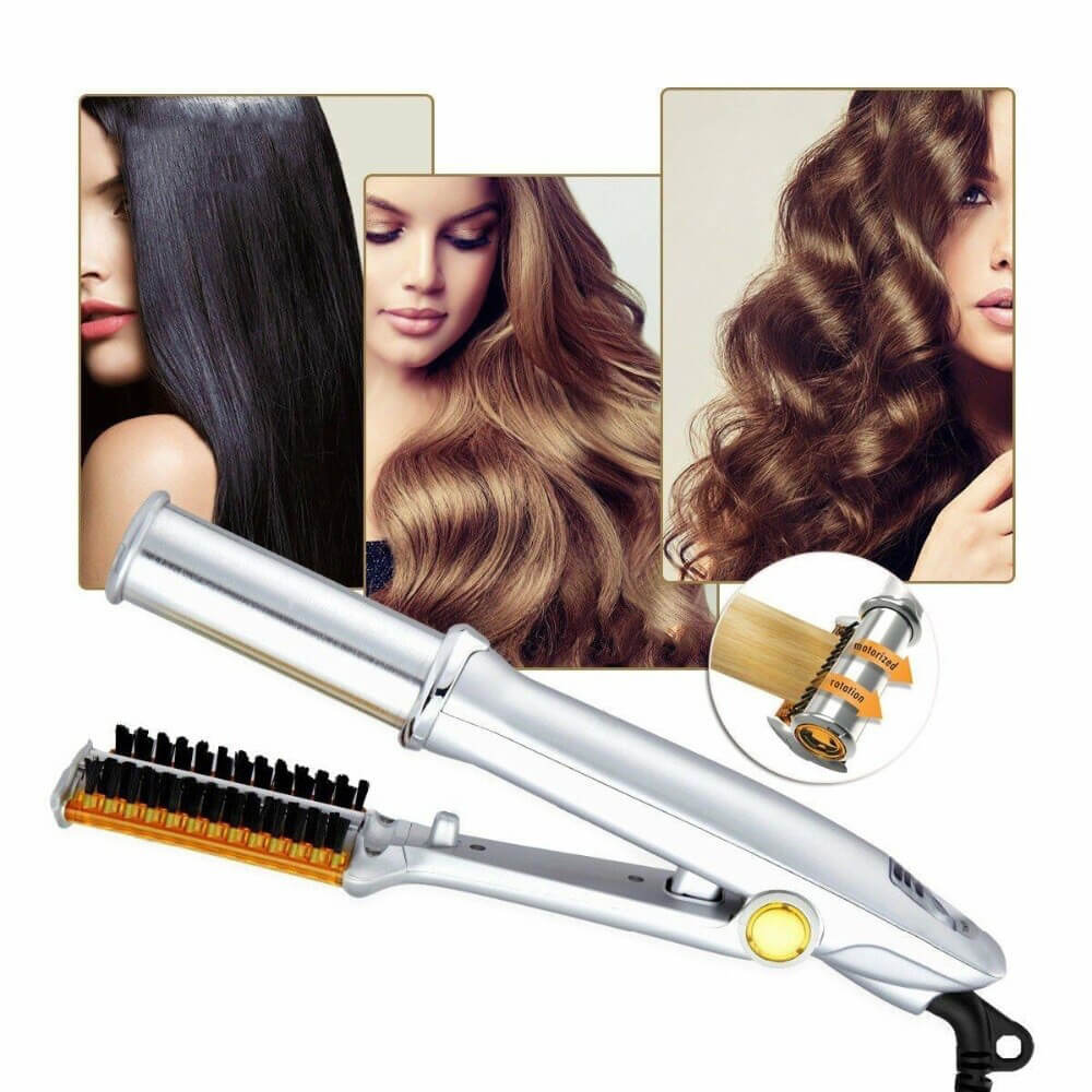 Dual-Action Rotating Hair Styling Tool – Curls & Straightens Wet or Dry Hair with Ceramic Barrel & Ionic Bristles for Salon Blowouts at Home | Thomler