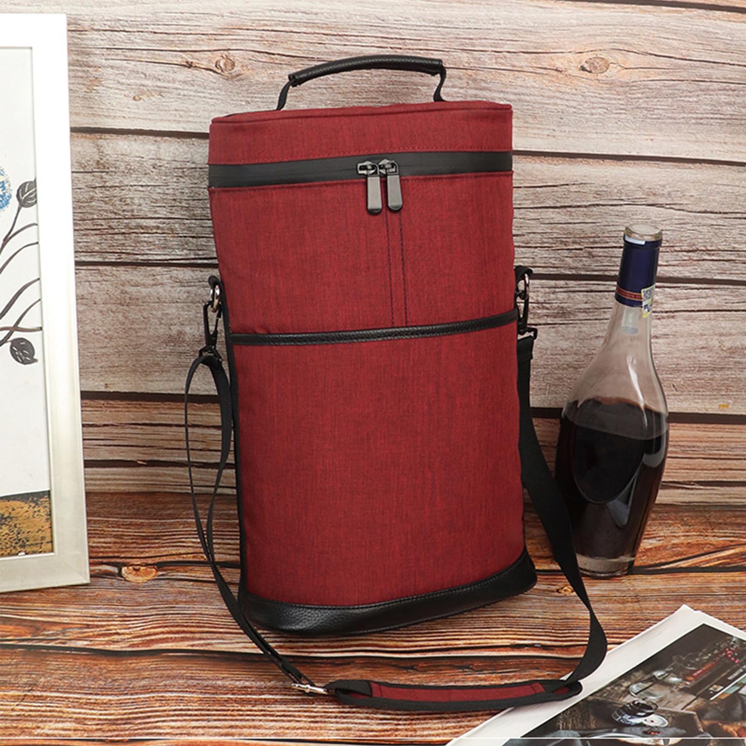Padded Two-Bottle Wine Carrier Bag with Shoulder Strap for Picnics Parties Outdoor Travel Beach Dinner Events Wine Tastings Gifts | Thomler