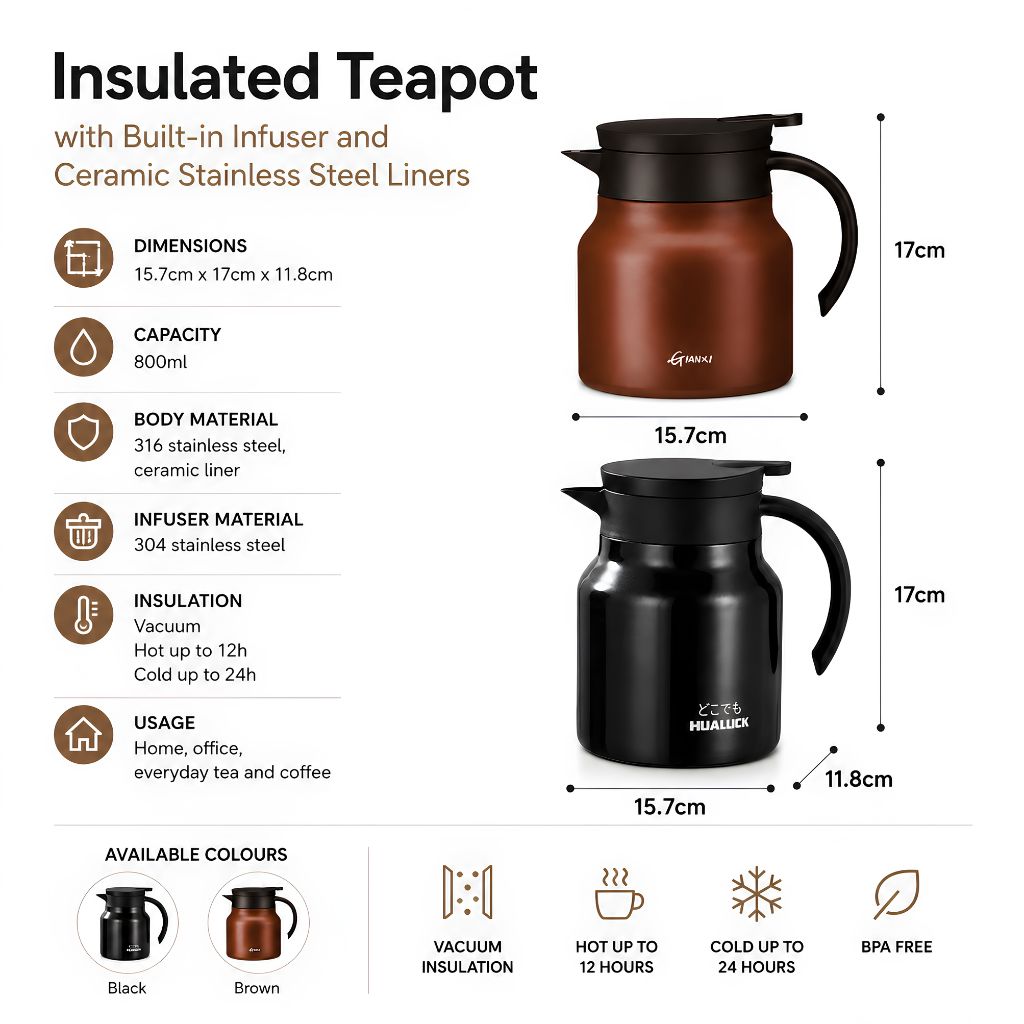 Vacuum Insulated Tea Carafe 27 oz with Removable Infuser – Double-Wall Stainless Steel Hot & Cold Beverage Server for Loose Leaf Tea Coffee | Thomler