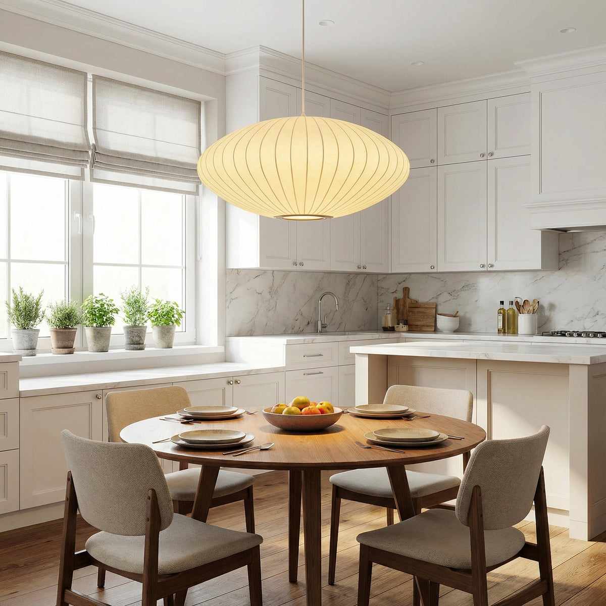 Sculptural Fabric Pendant Light with Soft LED Glow for Dining Room, Kitchen Island & Bar – Adjustable Height Modern Hanging Ceiling Fixture | Thomler