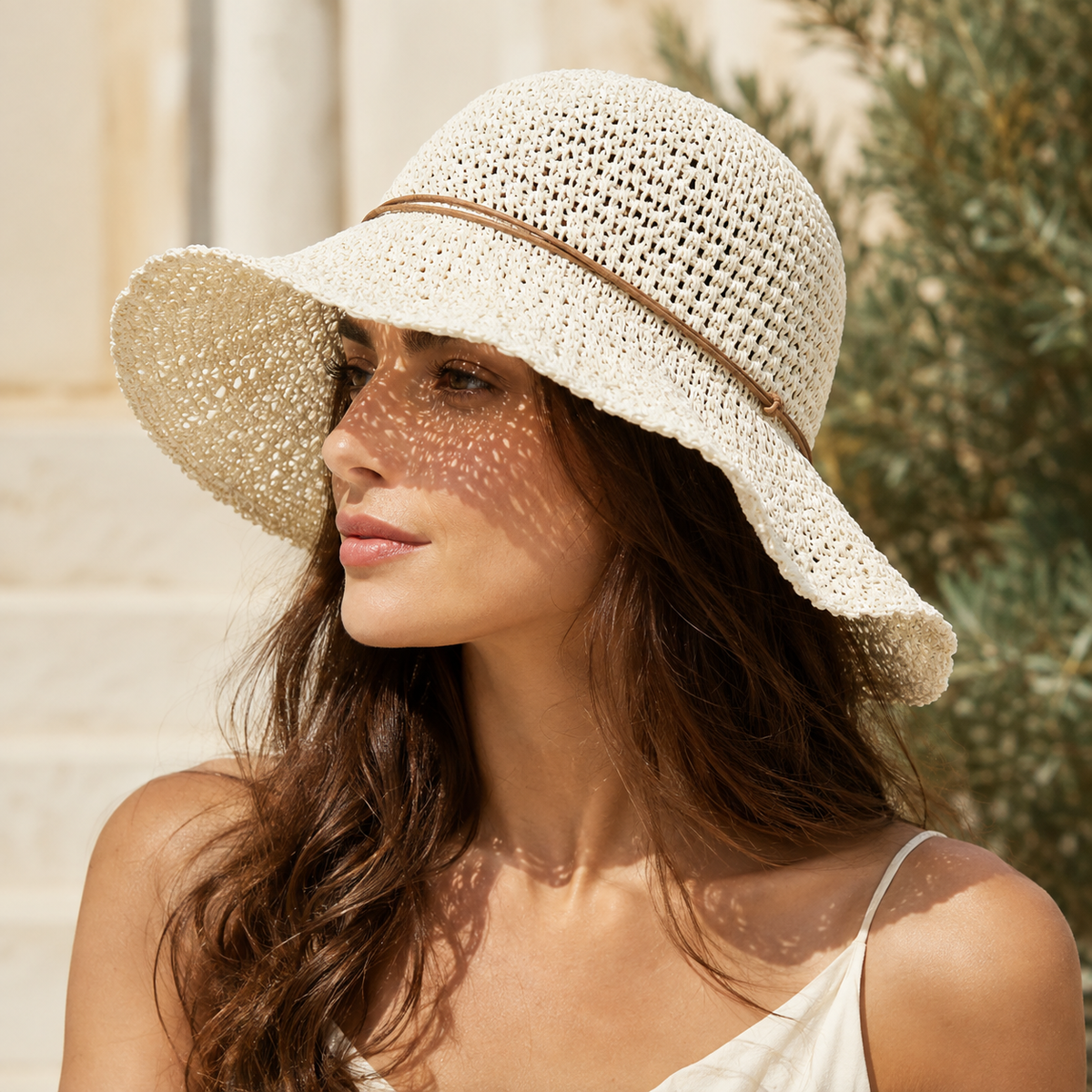 Women's Wide-Brim Sun Hat – Lightweight Woven Straw with Ribbon Accent for Beach & Travel | Thomler