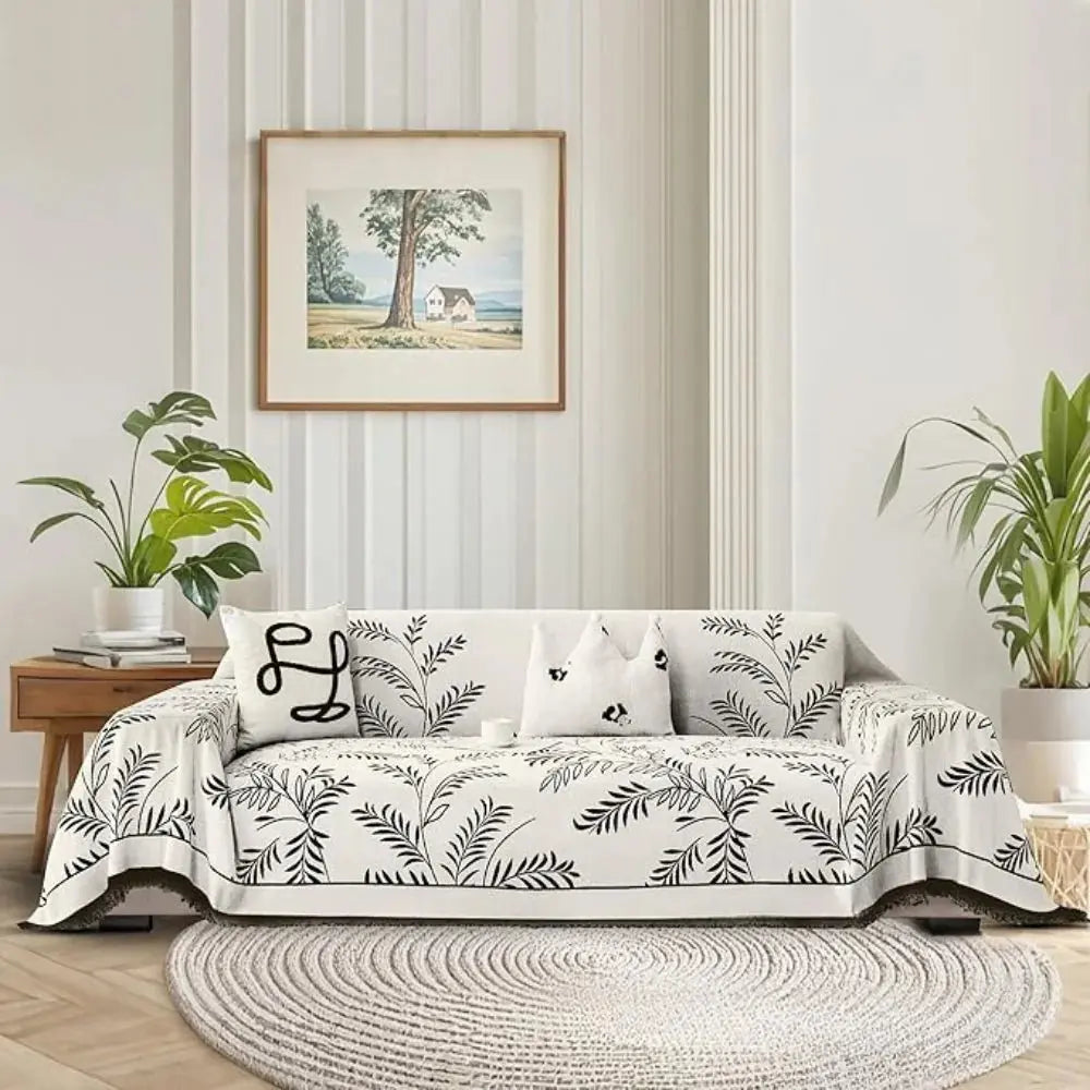 Chenille Jacquard Leaf Sofa Throw Blanket with Non-Slip Backing | Scratch-Resistant Textured Furniture Cover for Couch Protection | Thomler