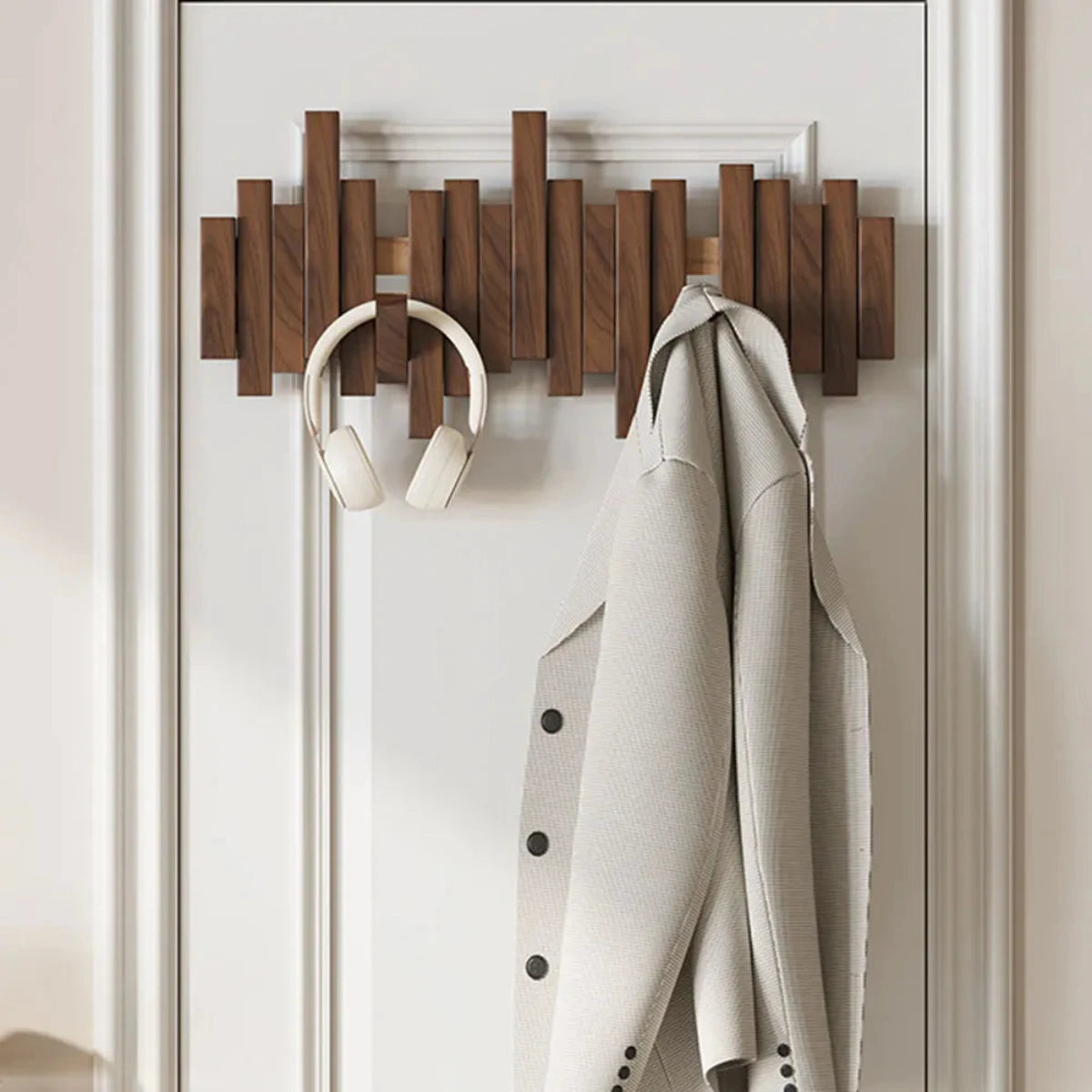 Wall Mounted Coat Rack Piano Key Design Solid Wood Hooks for Entryway Bedroom Hallway Minimalist Folding Hook Organizer Space Saving | Thomler