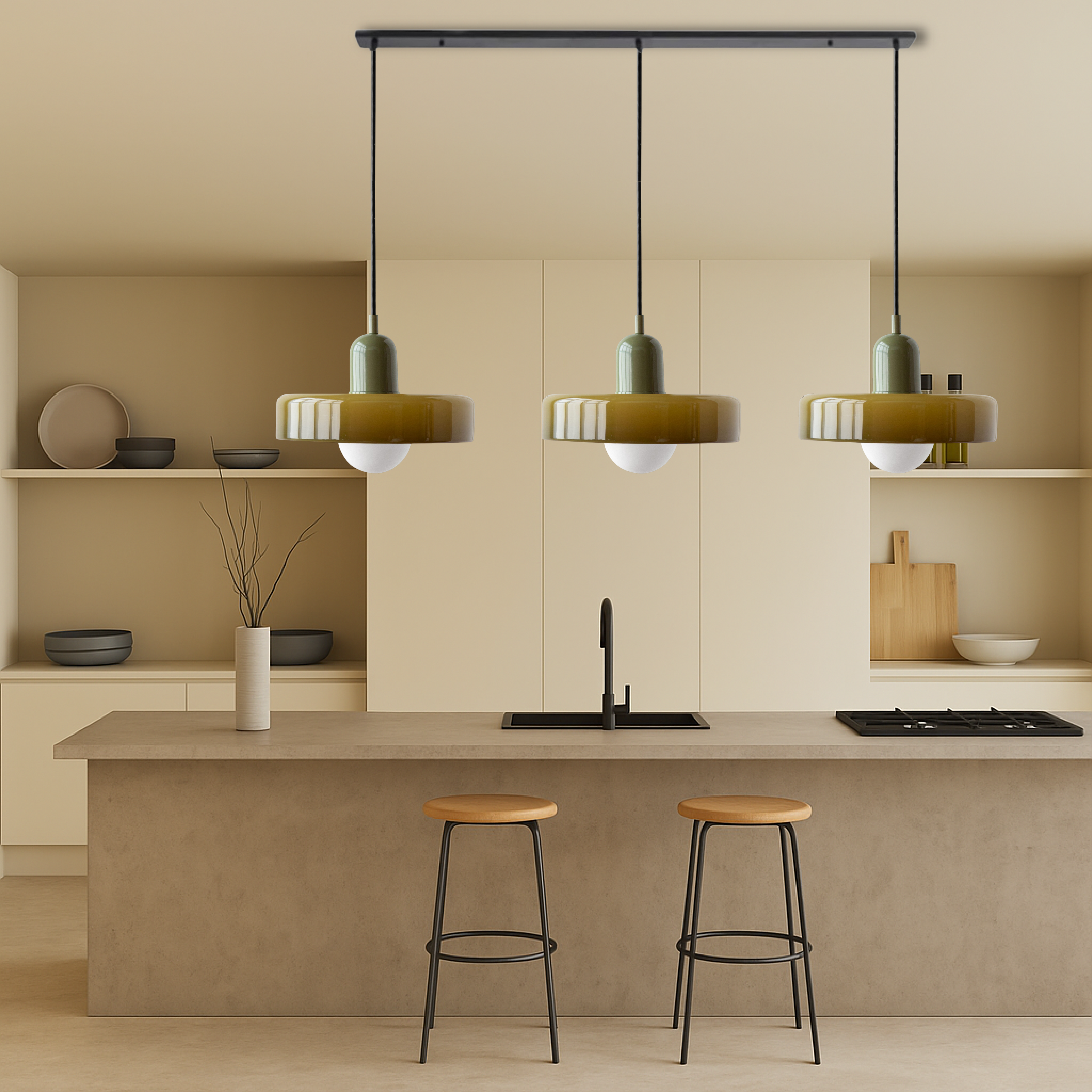 Pendant Light Glass 99.0 cm Black Dining Room Kitchen Island Triple Hanging Ceiling Lamp | Thomler