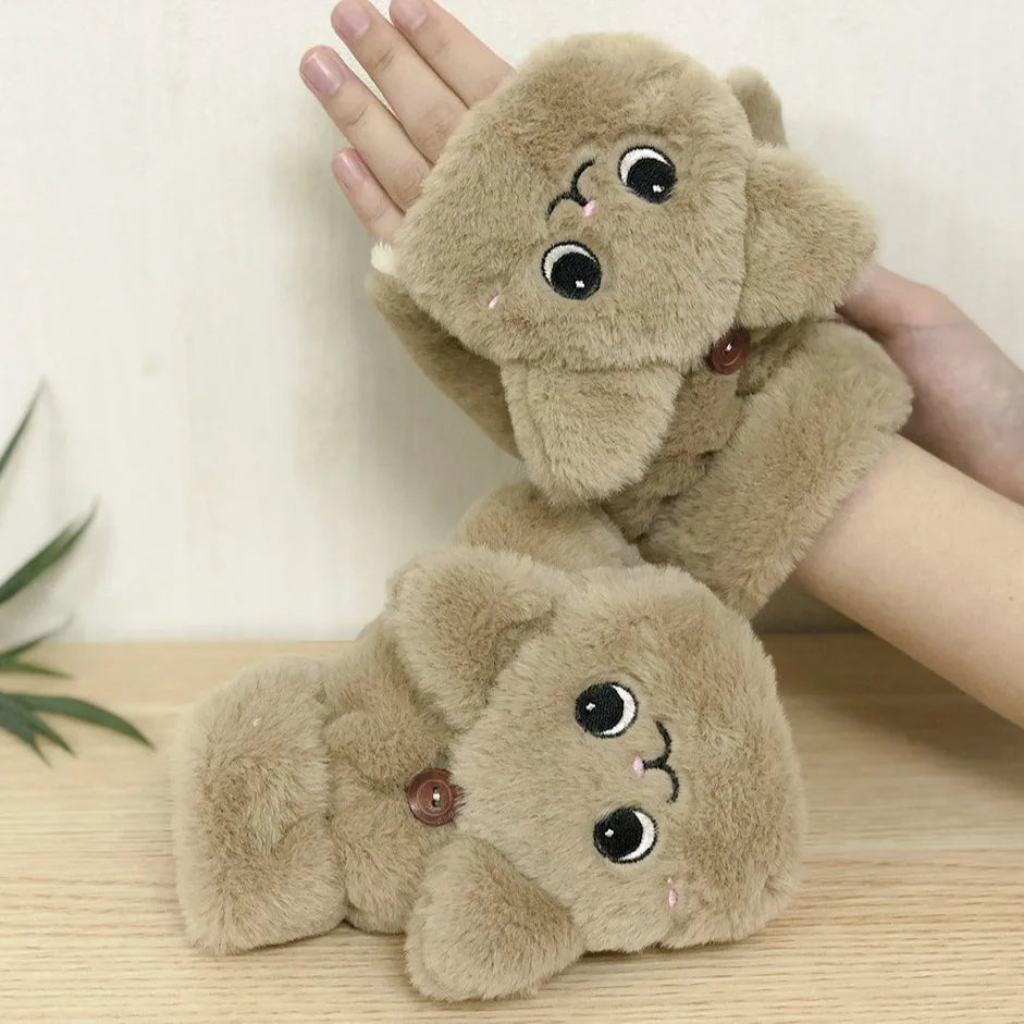 Convertible Mitten Gloves with Fuzzy Animal Design – Winter Hand Warmers for Women & Teens | Thomler