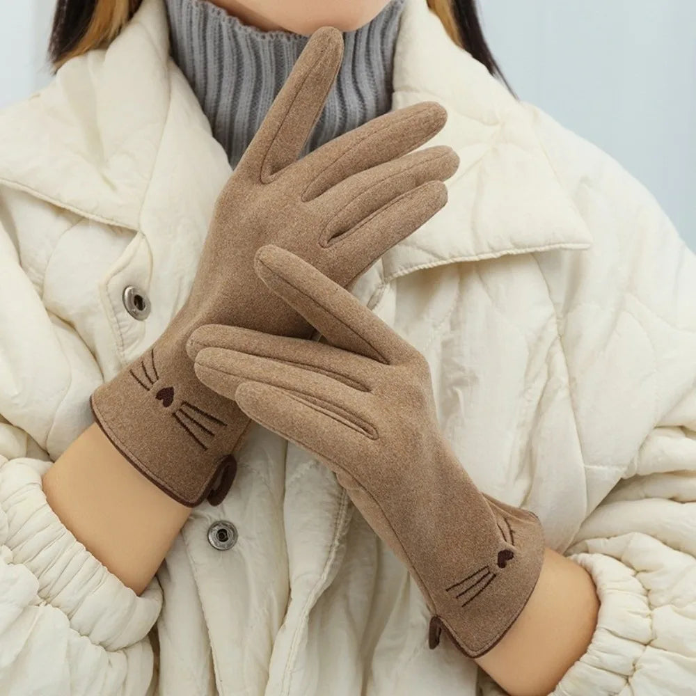 Stretchy Knit Touchscreen Gloves with Embroidered Kitten Detail for Women | Thomler