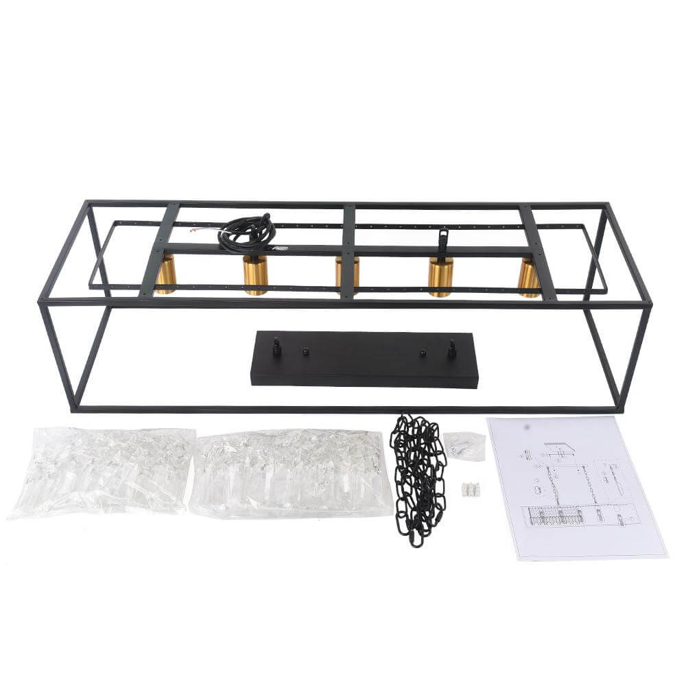 Pendant Light Crystal Glass 90.0 cm Black 5 Light Kitchen Island Dining Table Rectangular Ceiling Hanging Fixture | Thomler