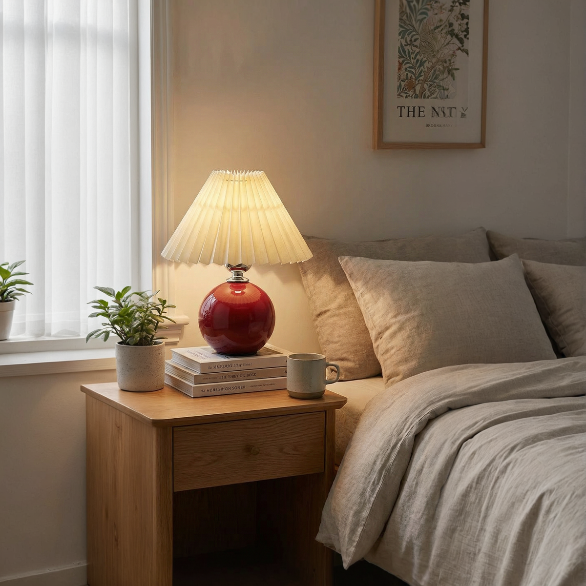 Classic Ceramic Nightstand Light with Soft Cloth Lampshade – Mid-Century Accent Lamp for Bedroom, Living Room & Desk | Thomler