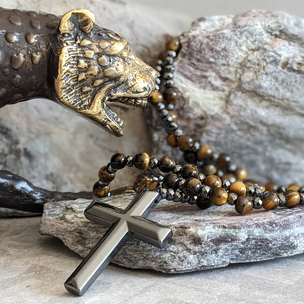 Stone Bead Prayer Chain – Adjustable Gemstone Pendant for Men with Cross Accent | Thomler
