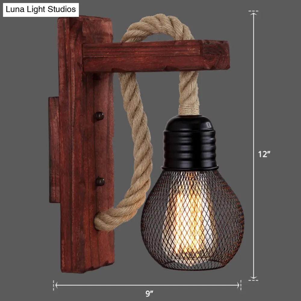 Rustic Wood Wall Sconce with Metal Cage and Rope Accent for Bedroom, Hallway, Living Room – E26 Socket Indoor Lighting Fixture | Thomler