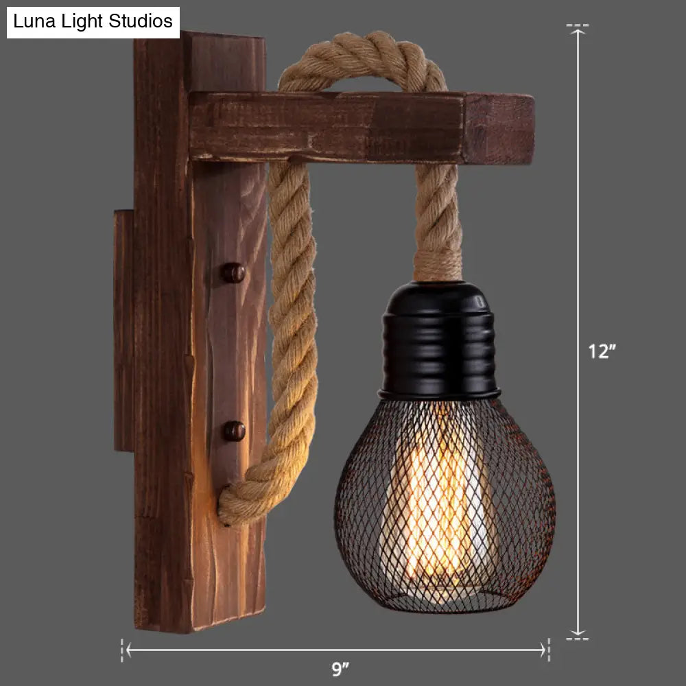 Rustic Wood Wall Sconce with Metal Cage and Rope Accent for Bedroom, Hallway, Living Room – E26 Socket Indoor Lighting Fixture | Thomler