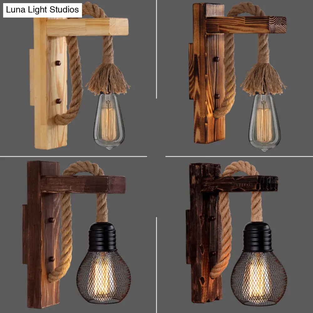 Rustic Wood Wall Sconce with Metal Cage and Rope Accent for Bedroom, Hallway, Living Room – E26 Socket Indoor Lighting Fixture | Thomler