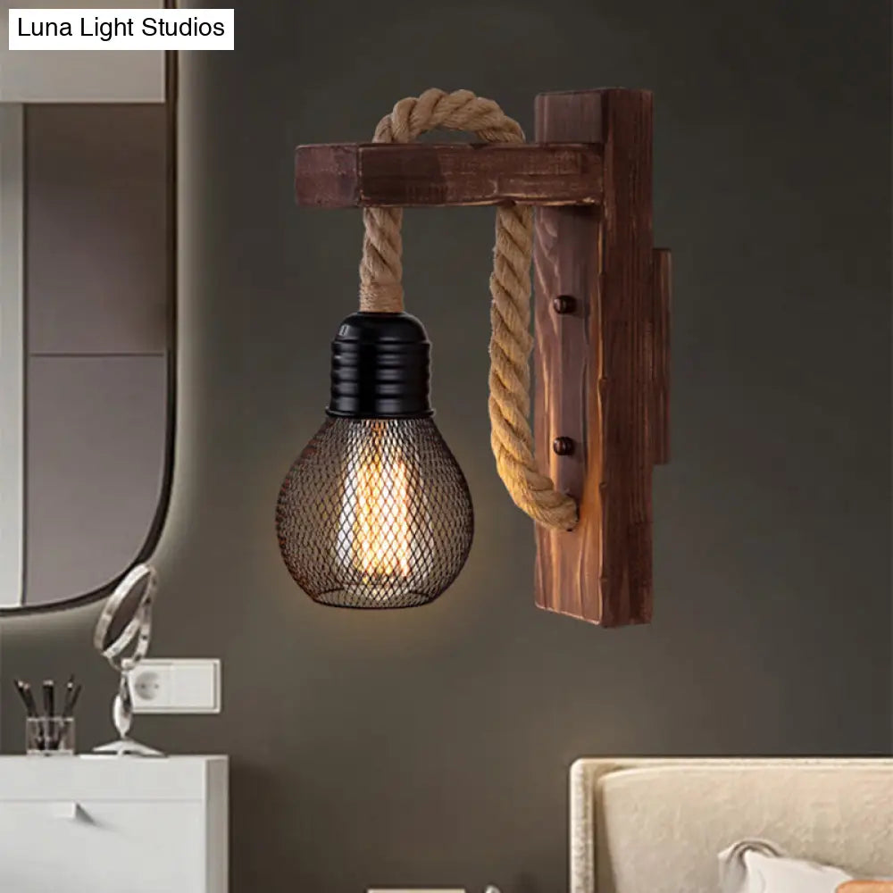 Rustic Wood Wall Sconce with Metal Cage and Rope Accent for Bedroom, Hallway, Living Room – E26 Socket Indoor Lighting Fixture | Thomler
