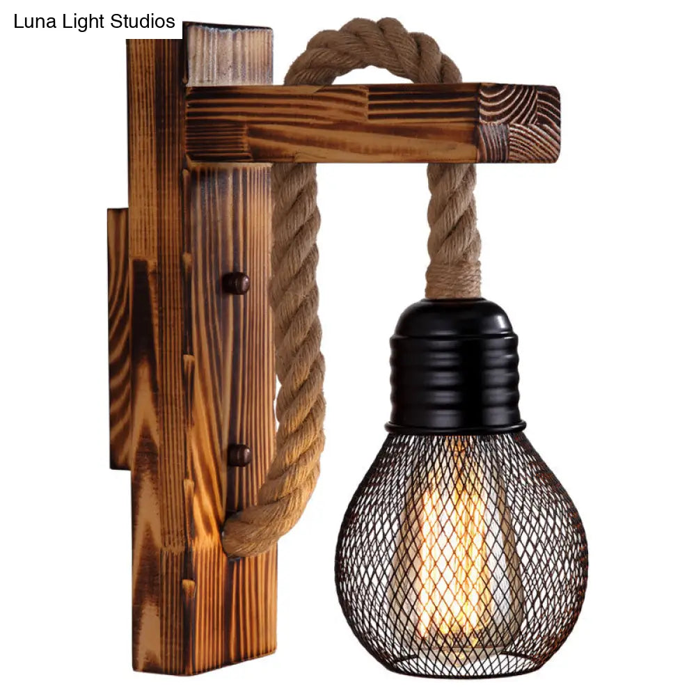 Rustic Wood Wall Sconce with Metal Cage and Rope Accent for Bedroom, Hallway, Living Room – E26 Socket Indoor Lighting Fixture | Thomler