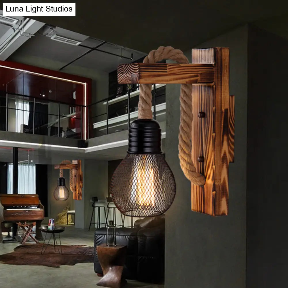 Rustic Wood Wall Sconce with Metal Cage and Rope Accent for Bedroom, Hallway, Living Room – E26 Socket Indoor Lighting Fixture | Thomler
