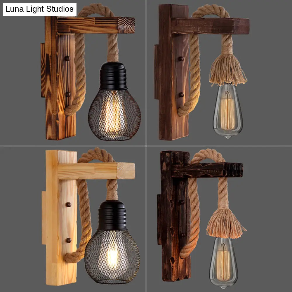Rustic Wood Wall Sconce with Metal Cage and Rope Accent for Bedroom, Hallway, Living Room – E26 Socket Indoor Lighting Fixture | Thomler