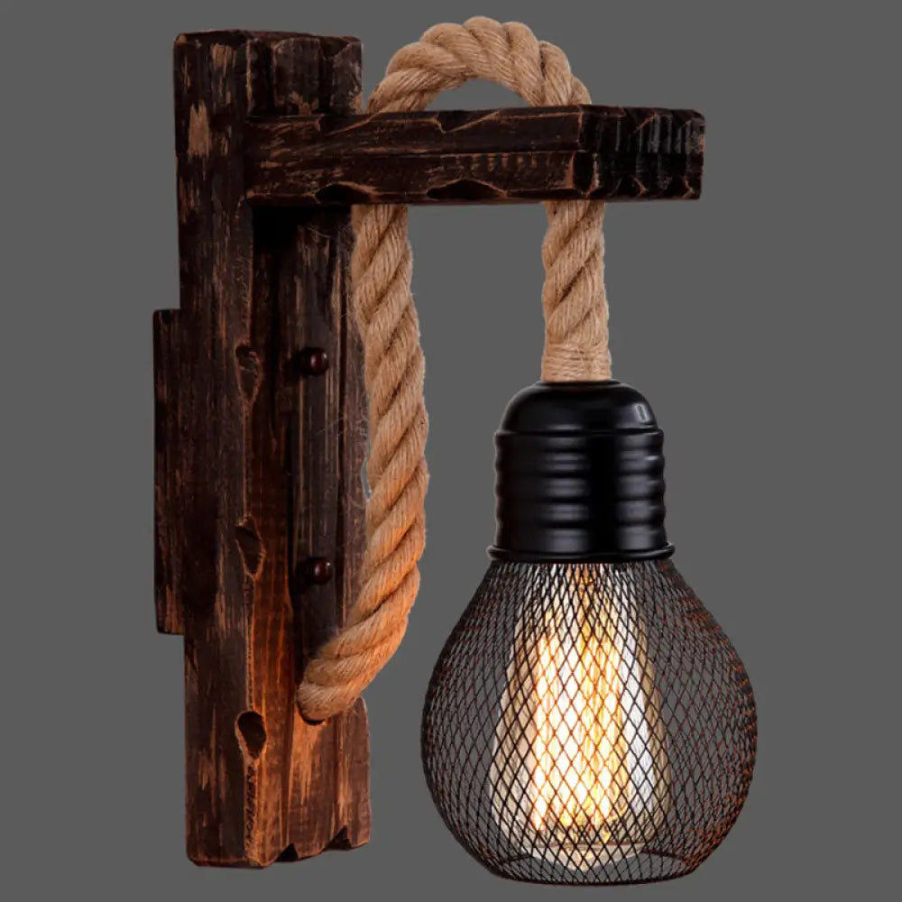 Rustic Wood Wall Sconce with Metal Cage and Rope Accent for Bedroom, Hallway, Living Room – E26 Socket Indoor Lighting Fixture | Thomler