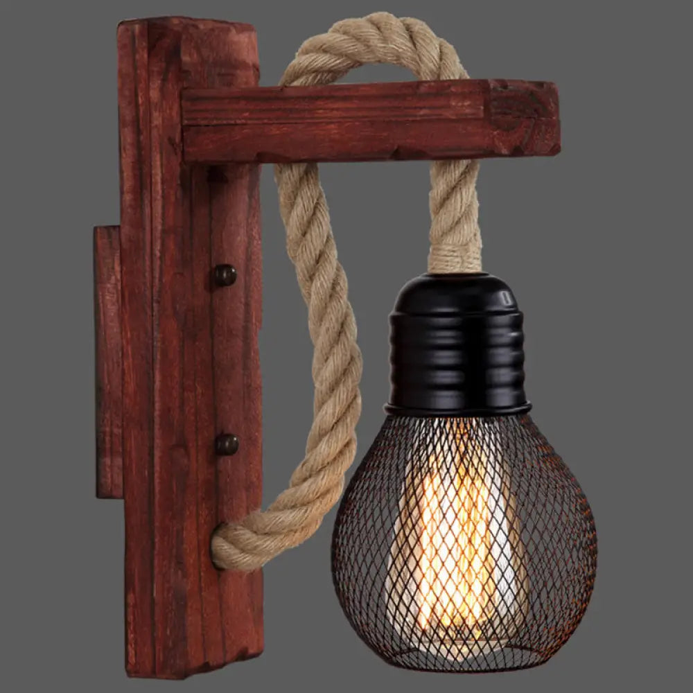 Rustic Wood Wall Sconce with Metal Cage and Rope Accent for Bedroom, Hallway, Living Room – E26 Socket Indoor Lighting Fixture | Thomler