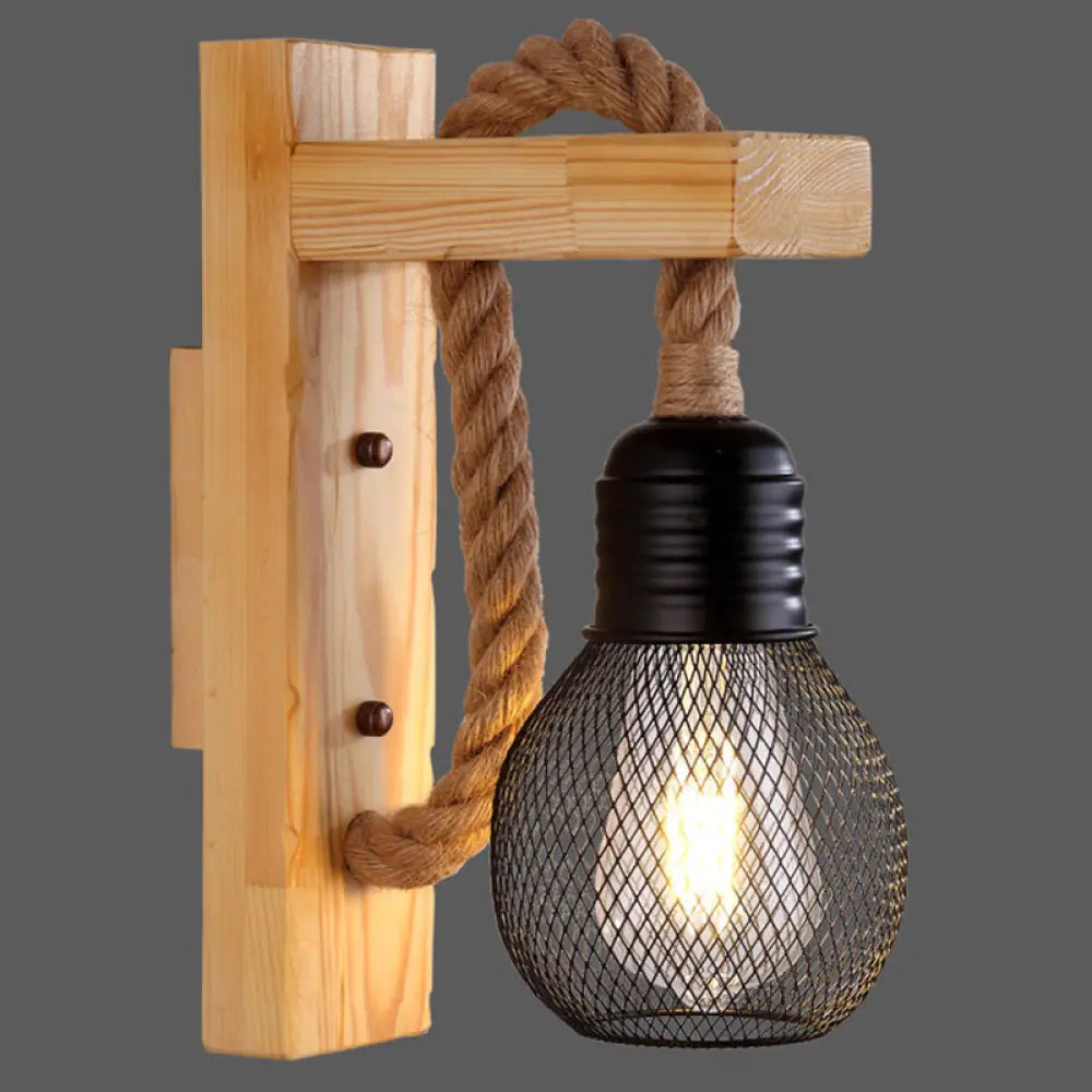 Rustic Wood Wall Sconce with Metal Cage and Rope Accent for Bedroom, Hallway, Living Room – E26 Socket Indoor Lighting Fixture | Thomler