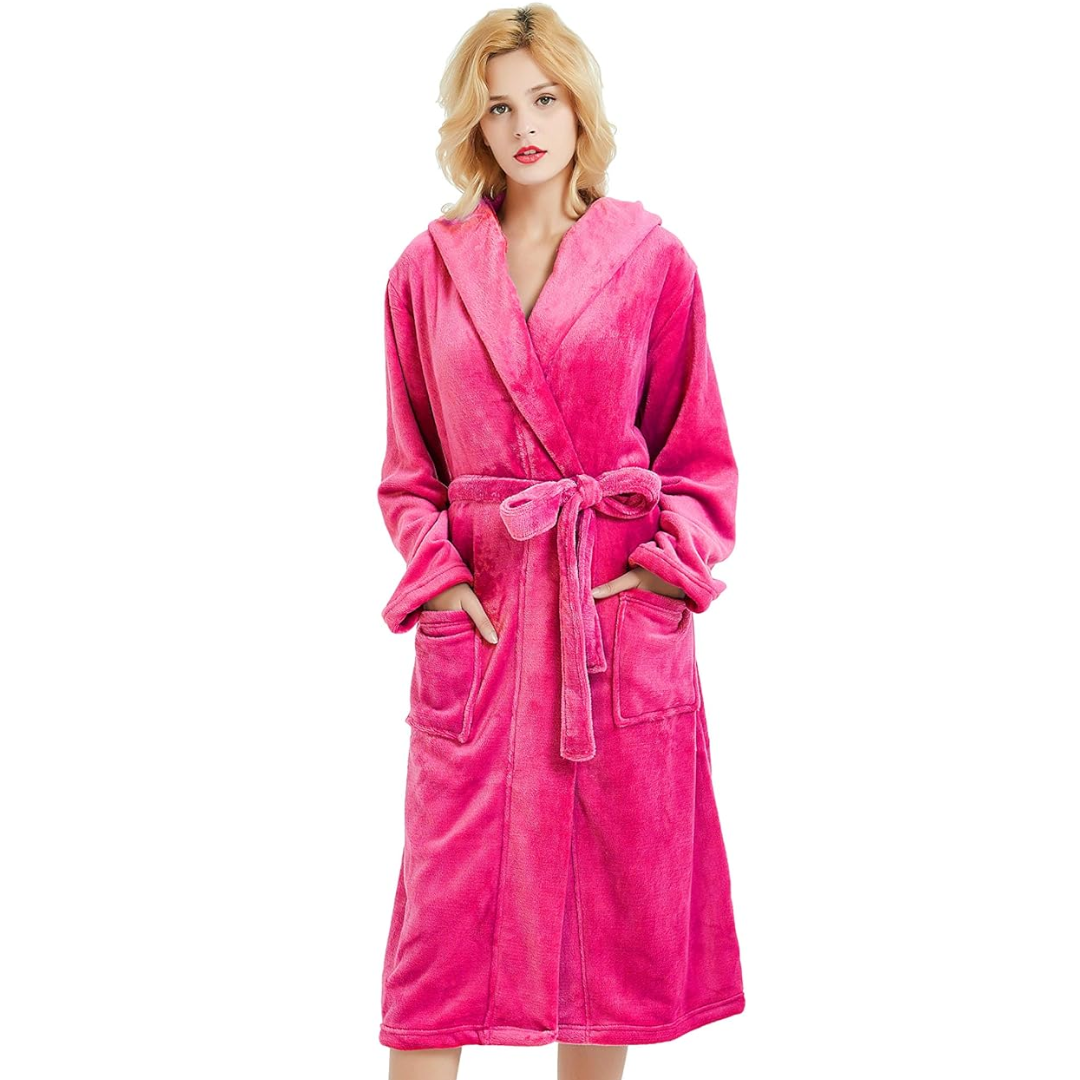 Hooded Fleece Robe for Women Long Soft Plush Loungewear with Pockets Cozy Warm Bathrobe for Lounging Relaxing Sleepwear Gift for Her Cold We | Thomler