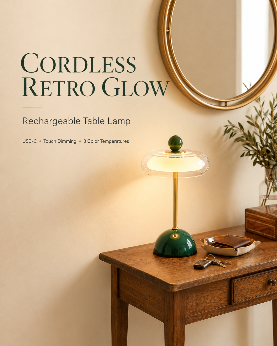 Rechargeable Mid-Century Modern Mushroom Desk Light with Touch Dimming & 3 Light Modes for Bedroom, Living Room & Office | Thomler