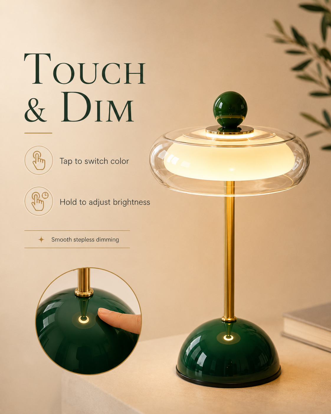 Rechargeable Mid-Century Modern Mushroom Desk Light with Touch Dimming & 3 Light Modes for Bedroom, Living Room & Office | Thomler