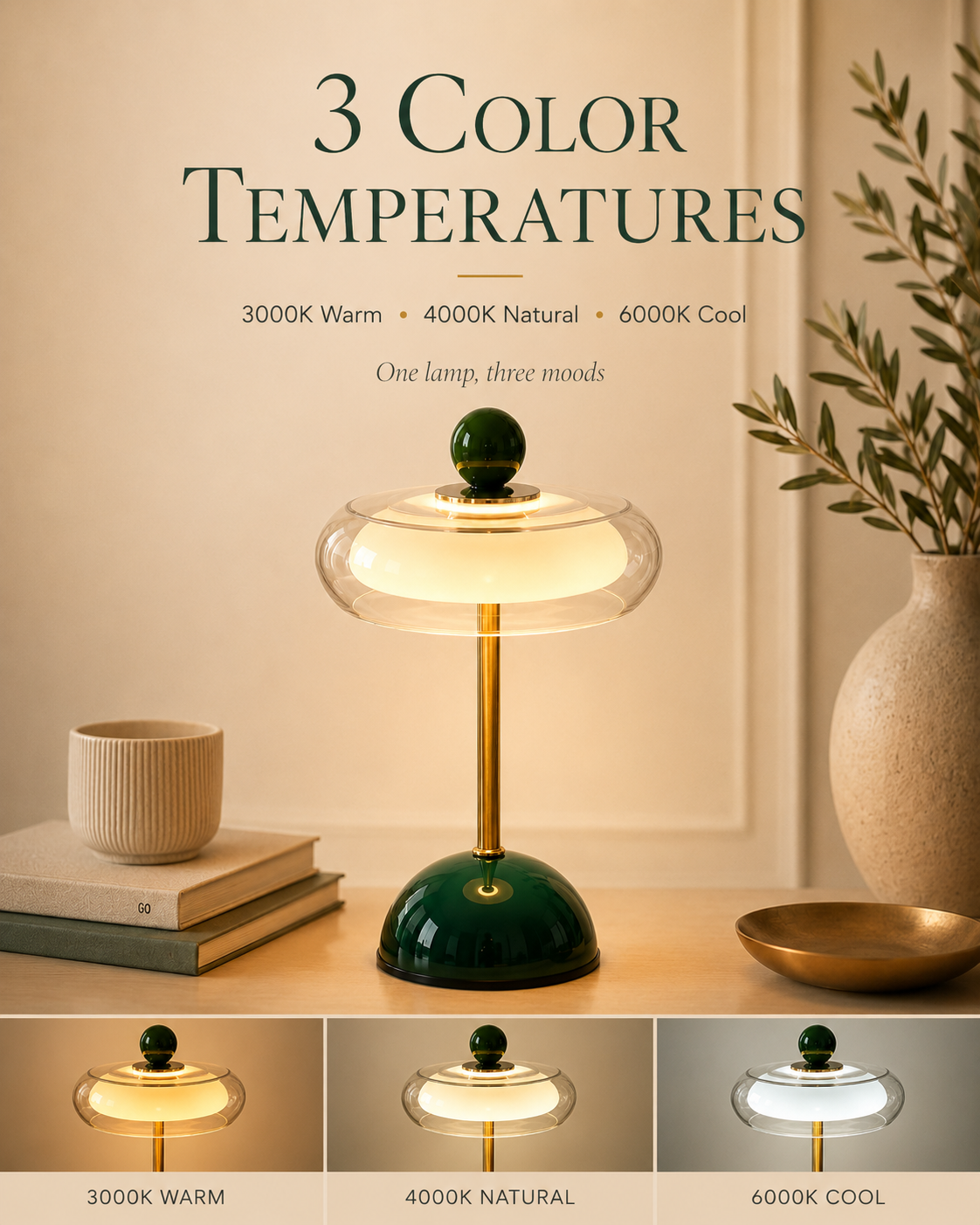Rechargeable Mid-Century Modern Mushroom Desk Light with Touch Dimming & 3 Light Modes for Bedroom, Living Room & Office | Thomler