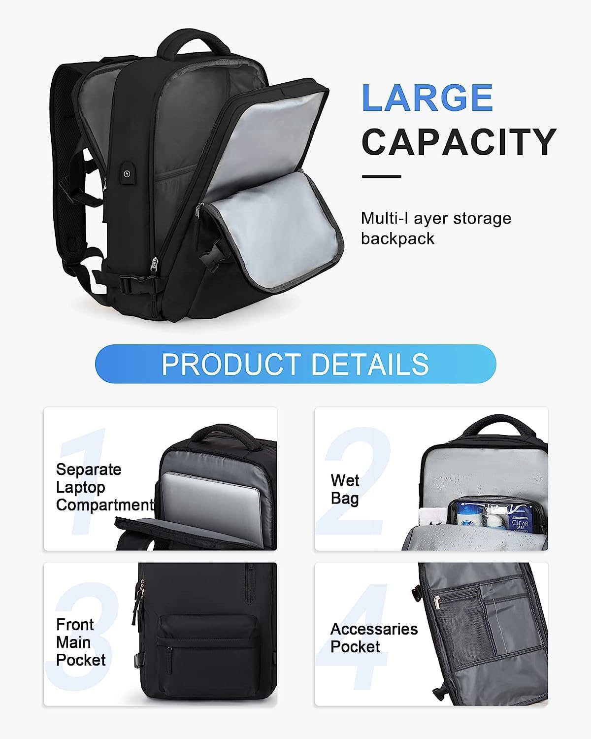 Large Travel Backpack 40L with Laptop Sleeve and Dedicated Shoe Section for Weekend Trips, Hiking & Daily Use | Thomler