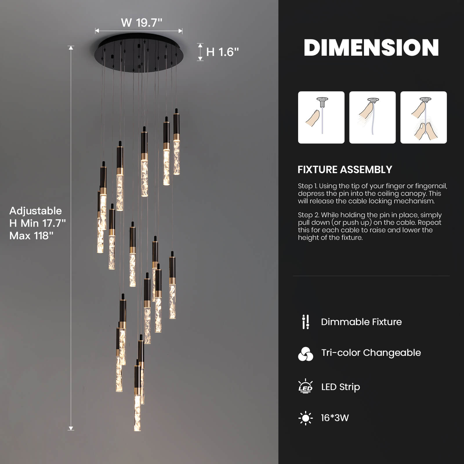 Chandelier K9 Crystal 300.0 cm Black High Ceiling Stairwell Entrance Hall LED Waterfall Light Adjustable Hanging Fixture | Thomler