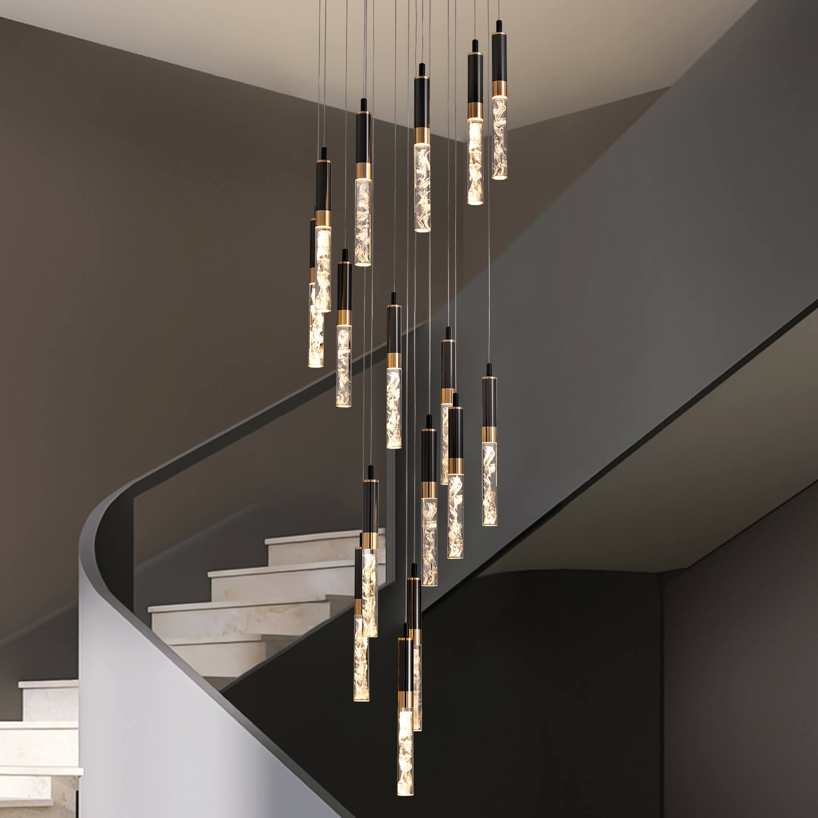 Chandelier Crystal LED 19.7 in x 118 in Black Adjustable Foyer Staircase Pendant Light Luxury Modern Ceiling Fixture | Thomler