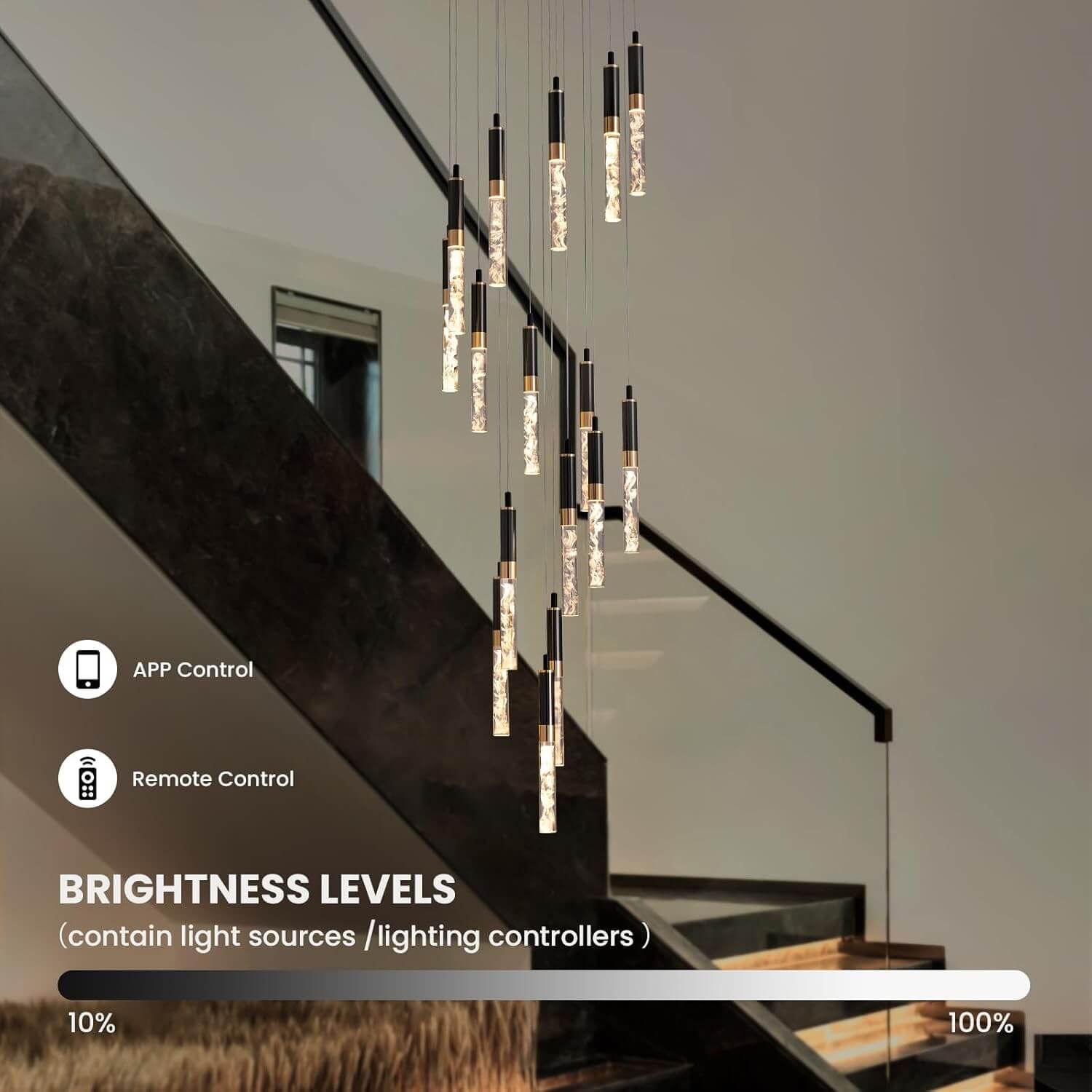 Chandelier Crystal LED 19.7 in x 118 in Black Adjustable Foyer Staircase Pendant Light Luxury Modern Ceiling Fixture | Thomler
