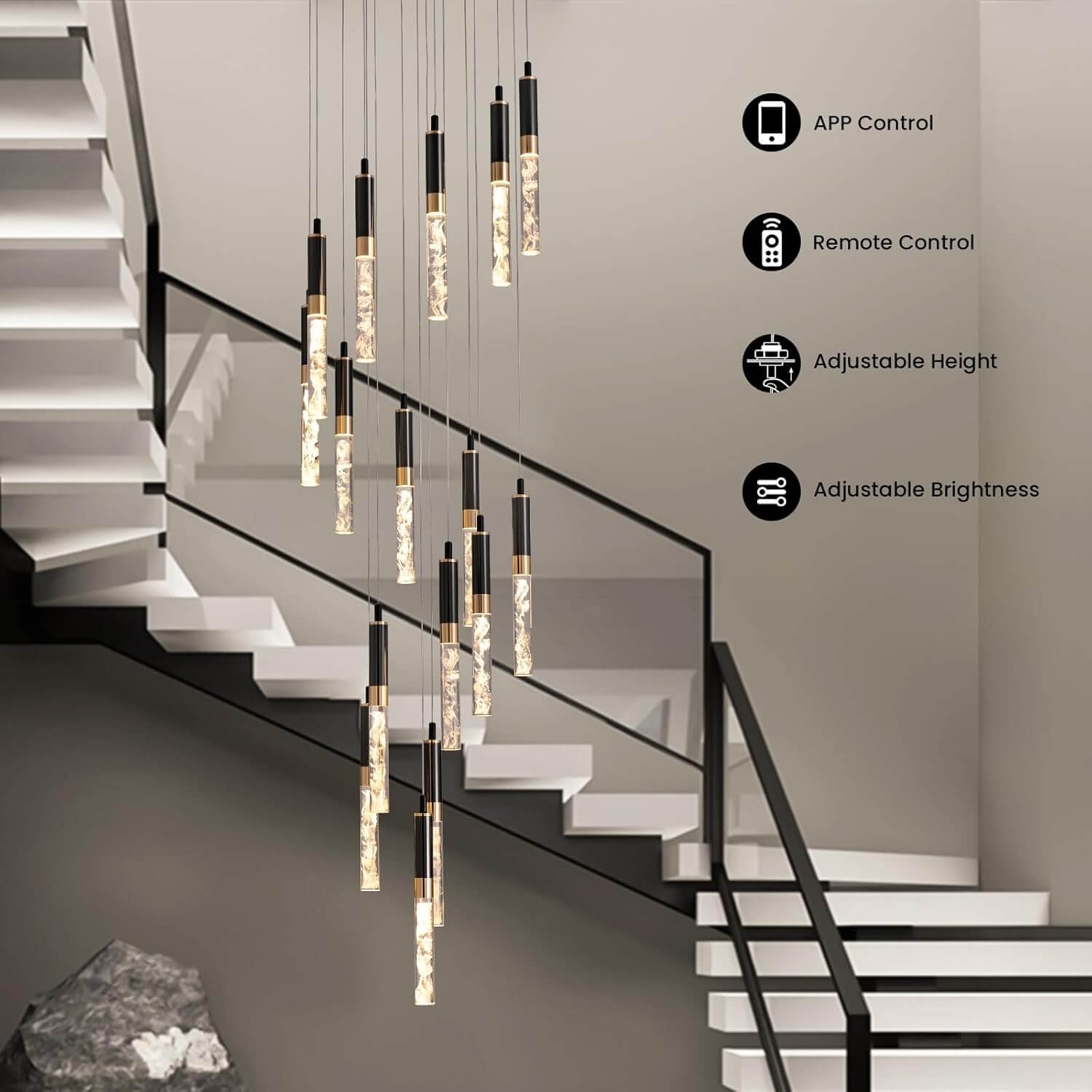 Chandelier Crystal LED 19.7 in x 118 in Black Adjustable Foyer Staircase Pendant Light Luxury Modern Ceiling Fixture | Thomler