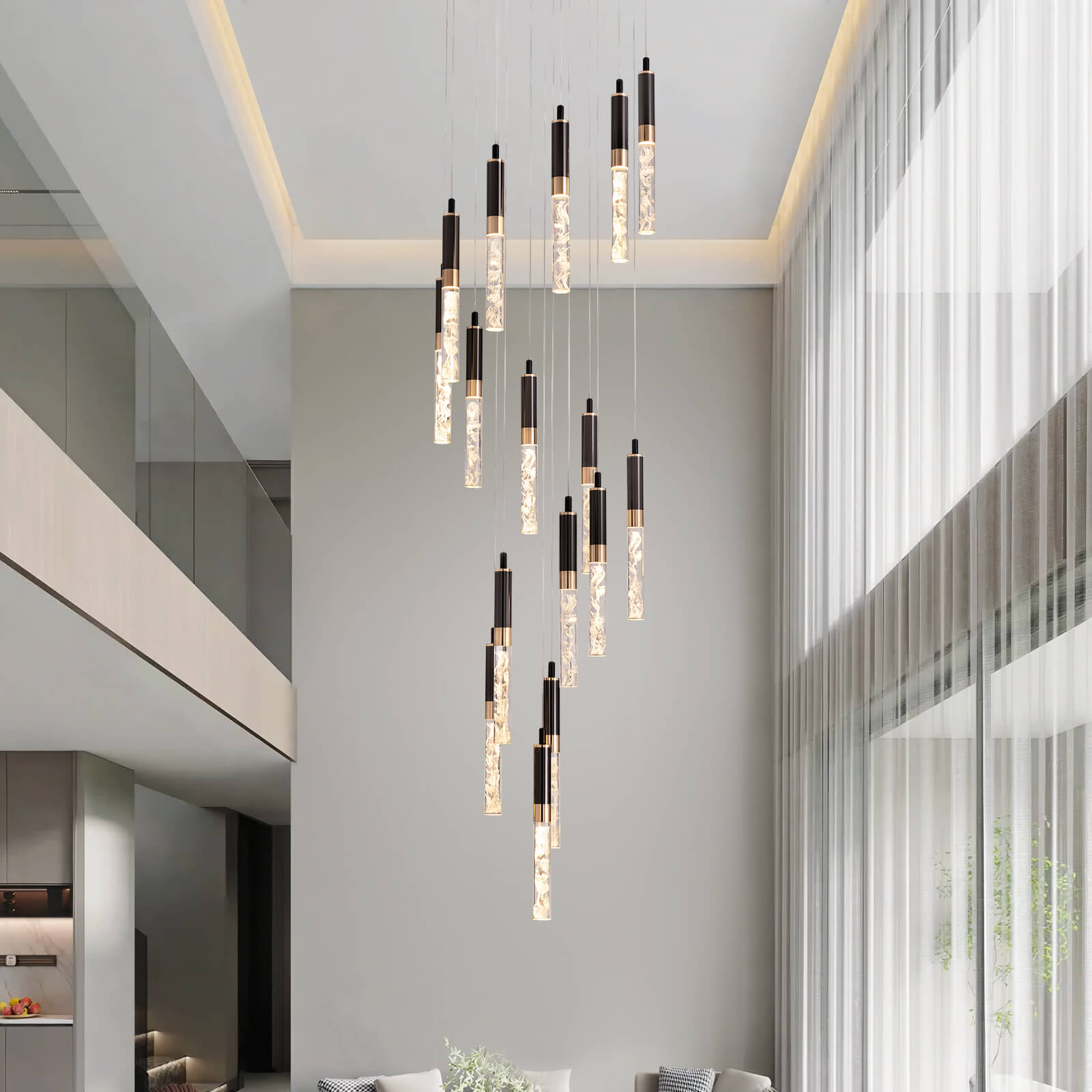Chandelier Crystal LED 19.7 in x 118 in Black Adjustable Foyer Staircase Pendant Light Luxury Modern Ceiling Fixture | Thomler