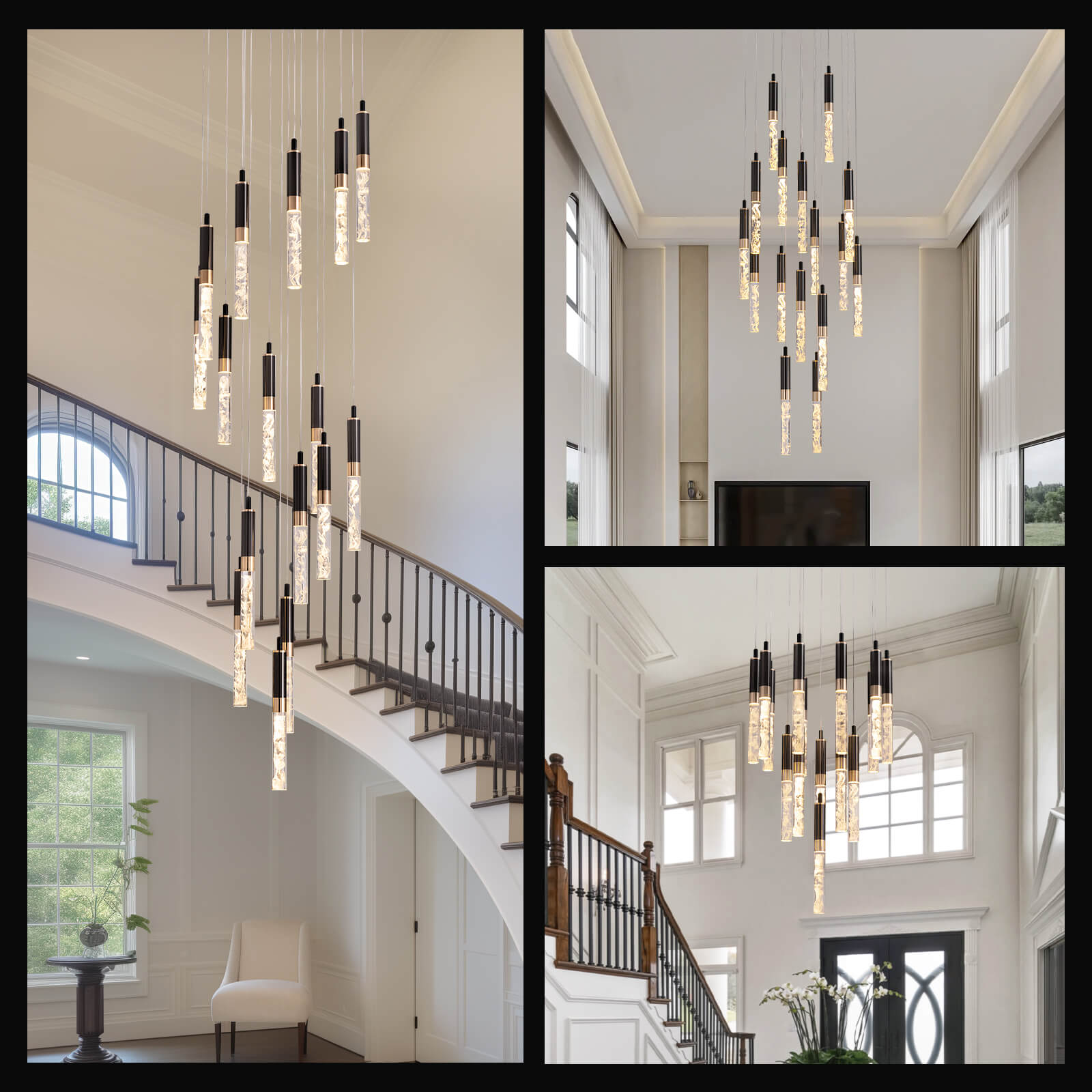Chandelier Crystal LED 19.7 in x 118 in Black Adjustable Foyer Staircase Pendant Light Luxury Modern Ceiling Fixture | Thomler