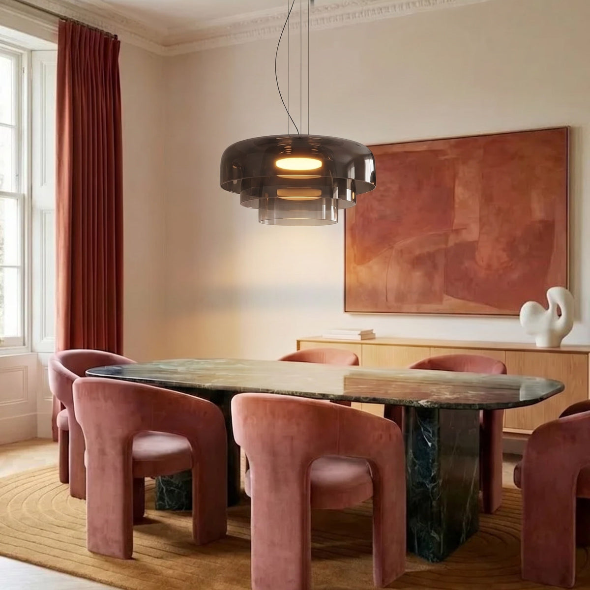 Hand-Blown Glass Pendant Light Fixture – 17 in Sculptural Dome Shade with Adjustable Cord for Kitchen Island, Dining Room, Entryway – Warm | Thomler
