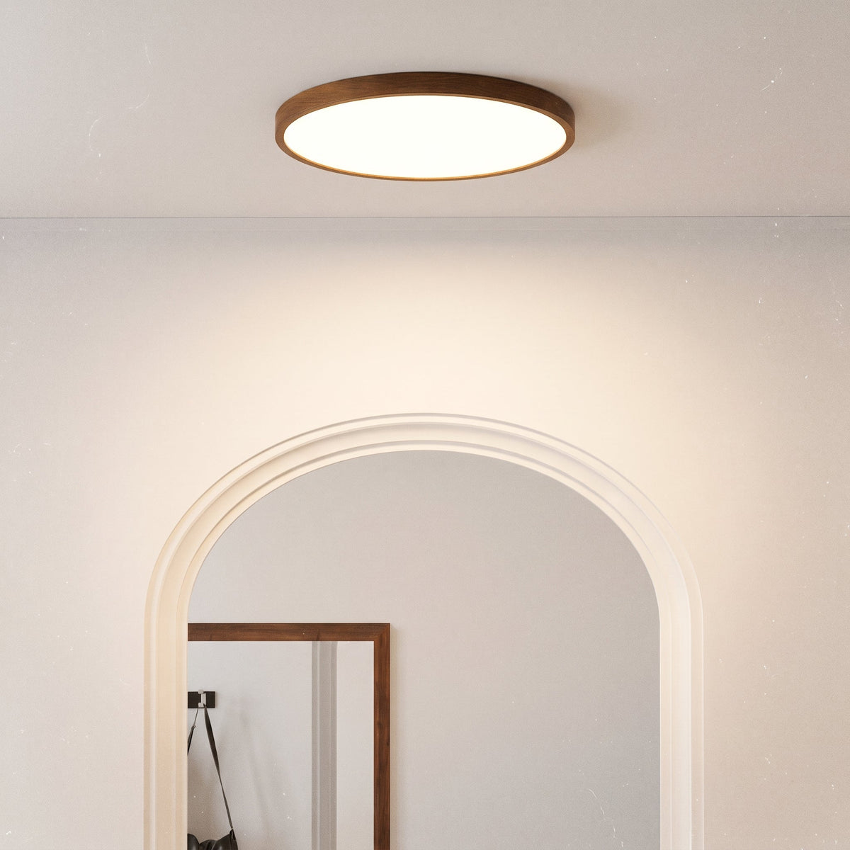 Wooden Flush Mount Ceiling Light Fixture – Natural Dark Grain Round LED Ceiling Lamp for Living Room Dining Room – Scandinavian Nordic | Thomler